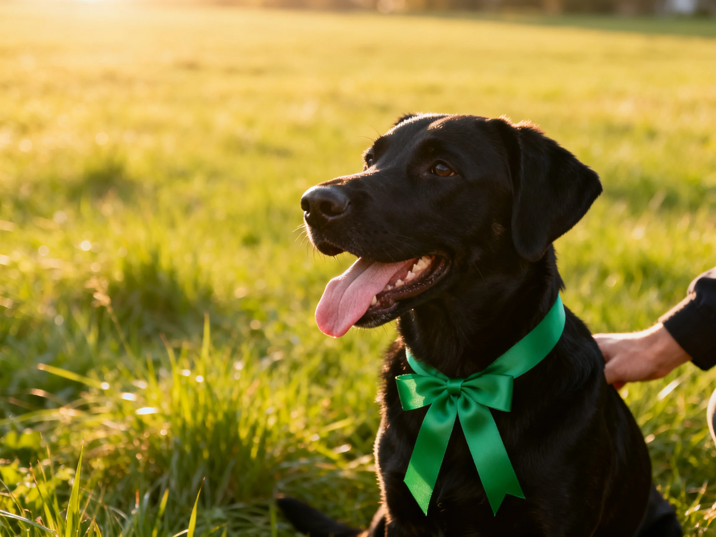 A black dog wearing a green ribbon relaxes in a sunlit grassy area.