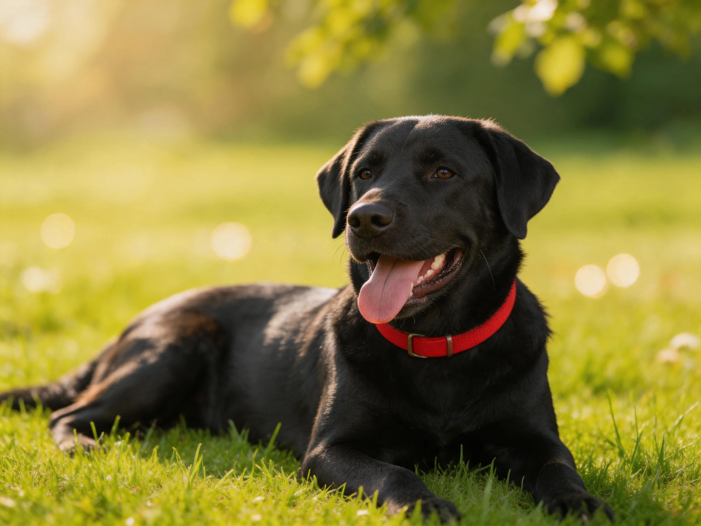 A black dog with a bright red collar rests on sun-dappled grass