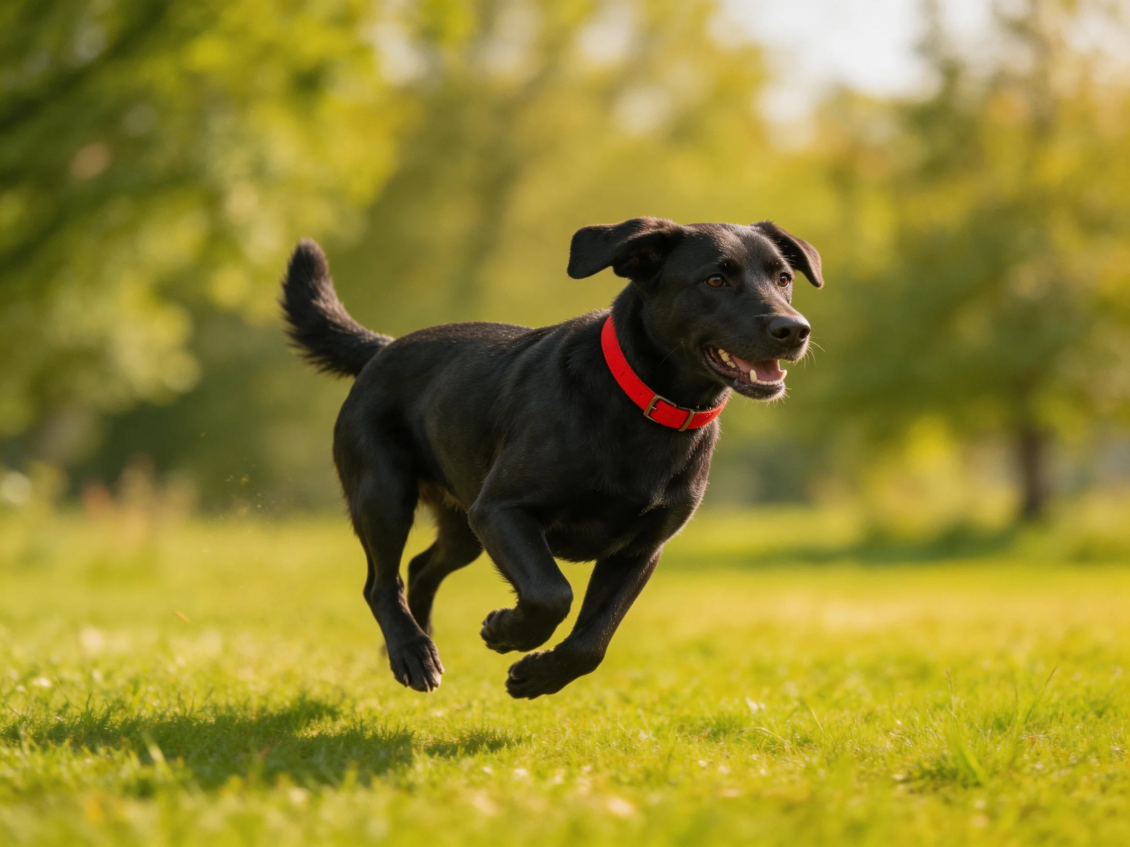 A black dog with a bright red collar runs through a sunlit green meadow