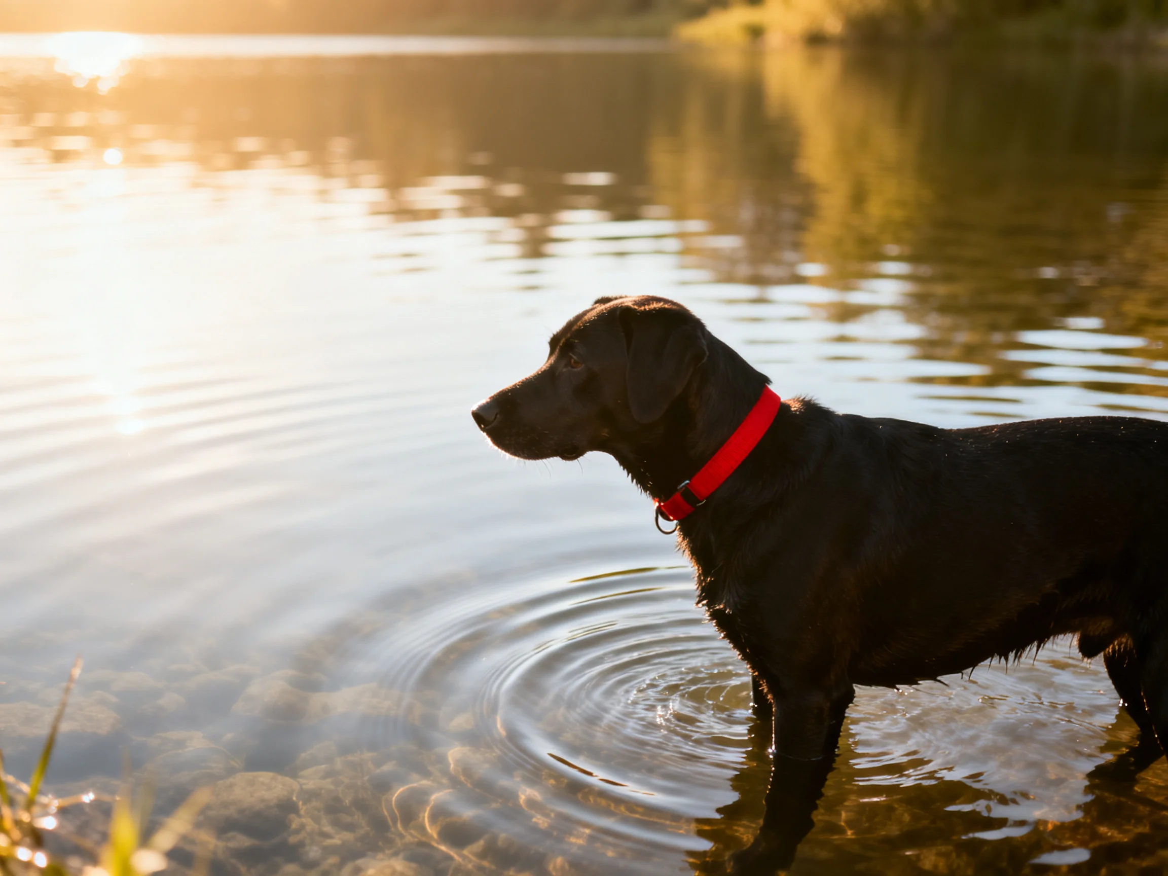 A black dog with a bright red collar stands in calm lake water during golden hour