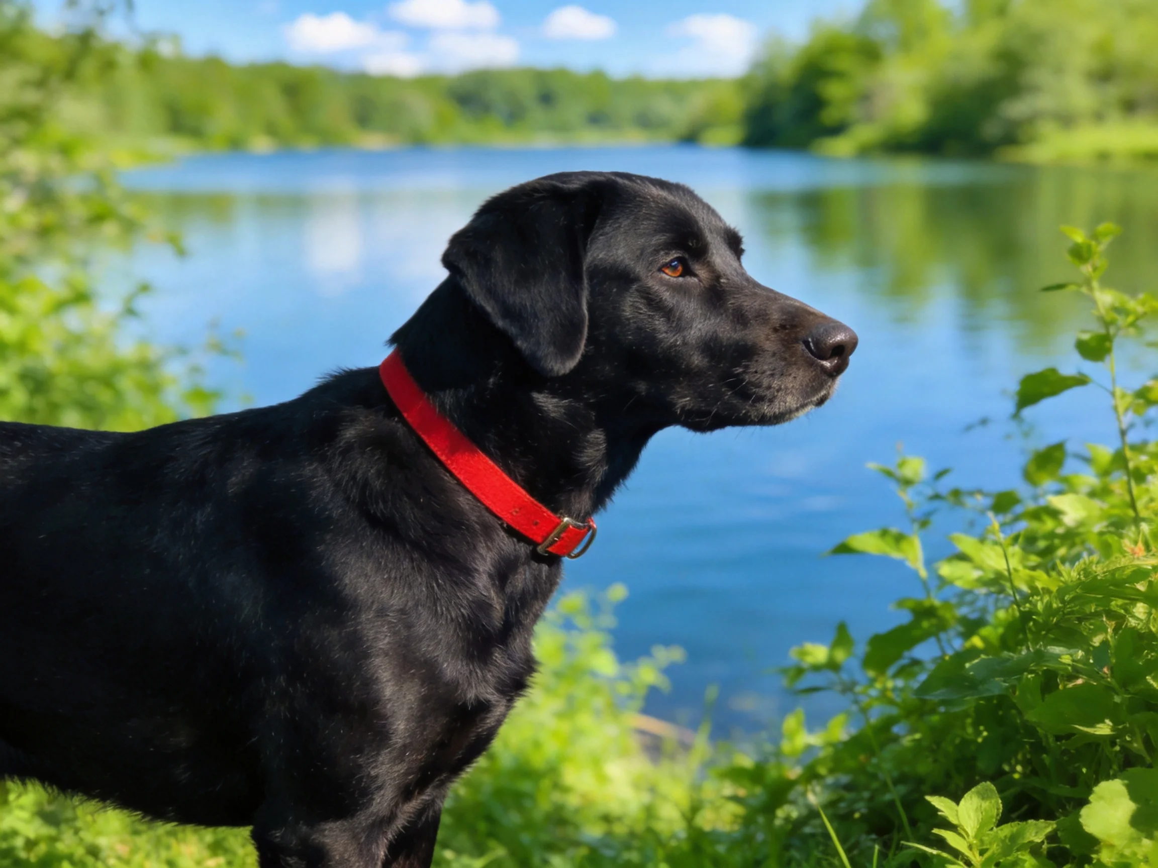 A black dog with a bright red collar stands near a calm blue lake