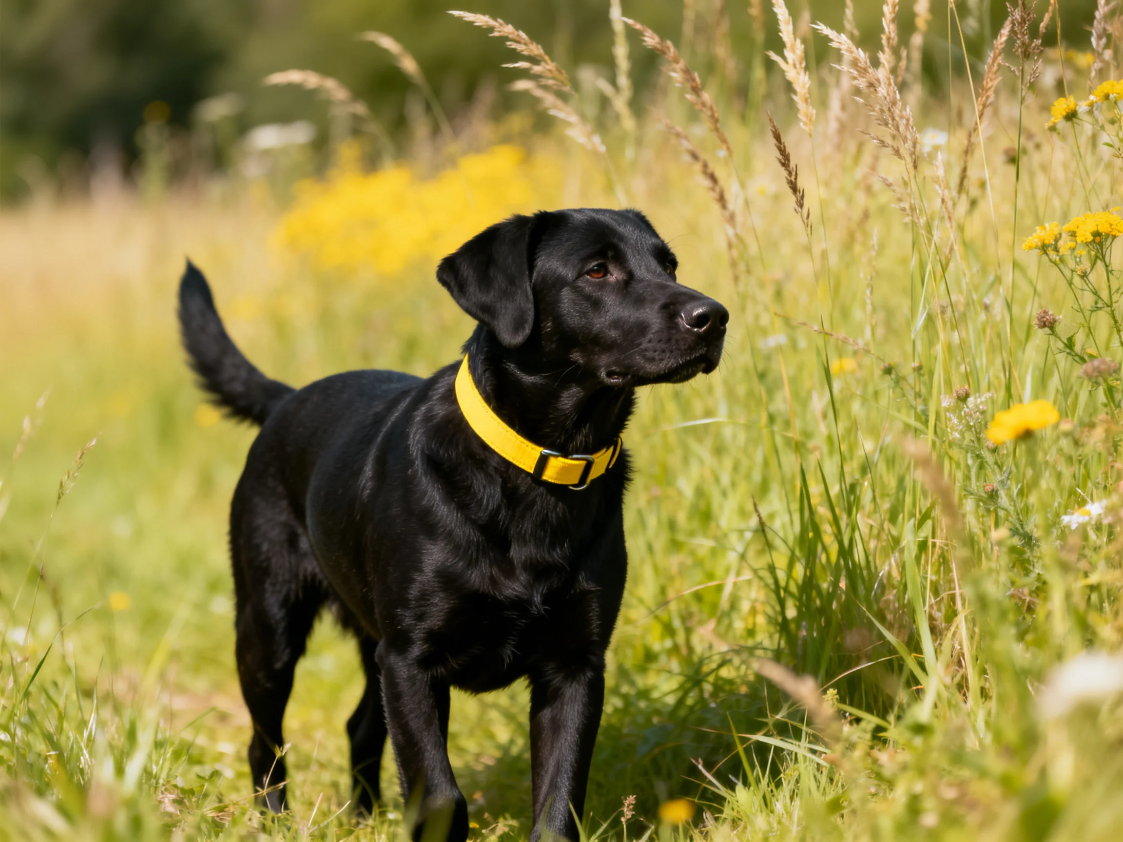 A black dog with a yellow collar stands in a sunlit meadow filled with tall grass and flowers