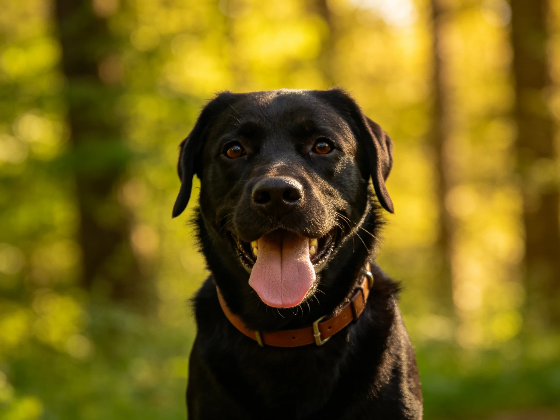 A black dog with a brown collar stands in a sunlit forest.