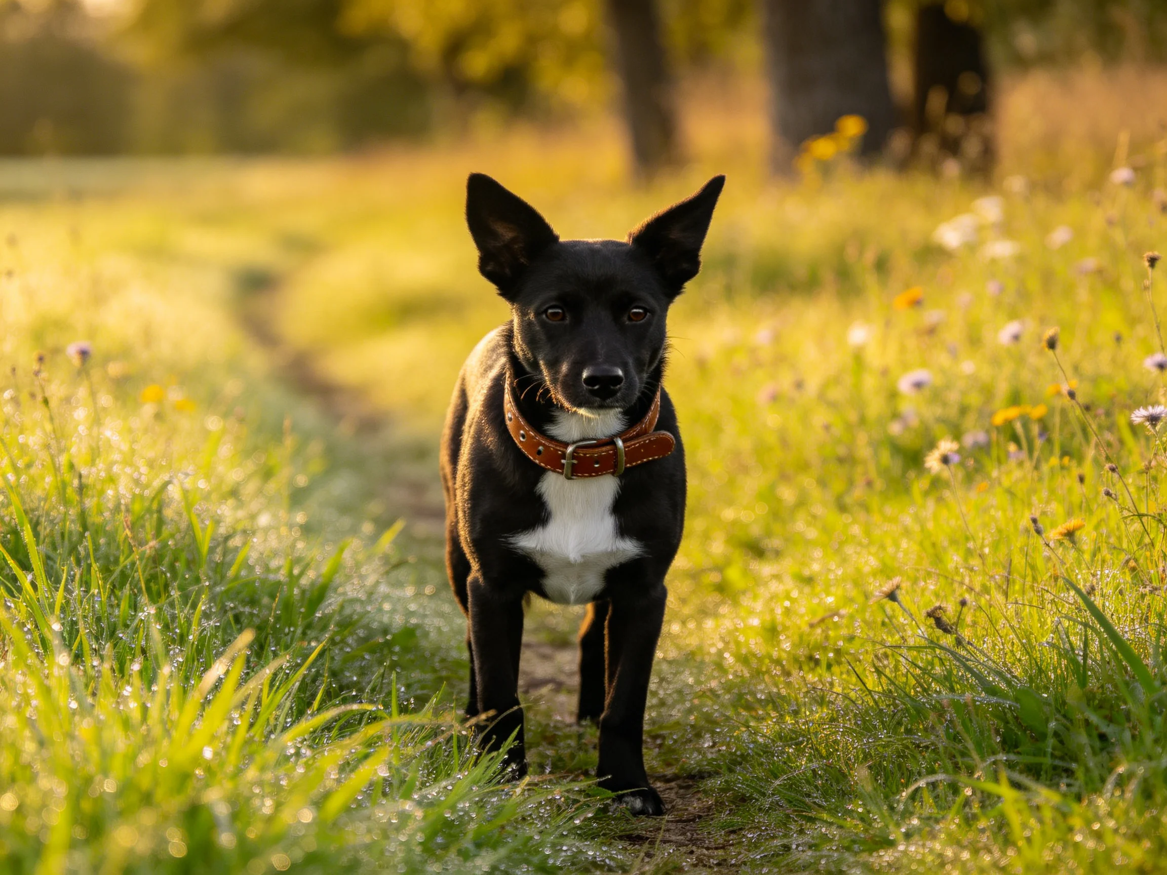 A black dog with a brown collar walks along a sunlit path