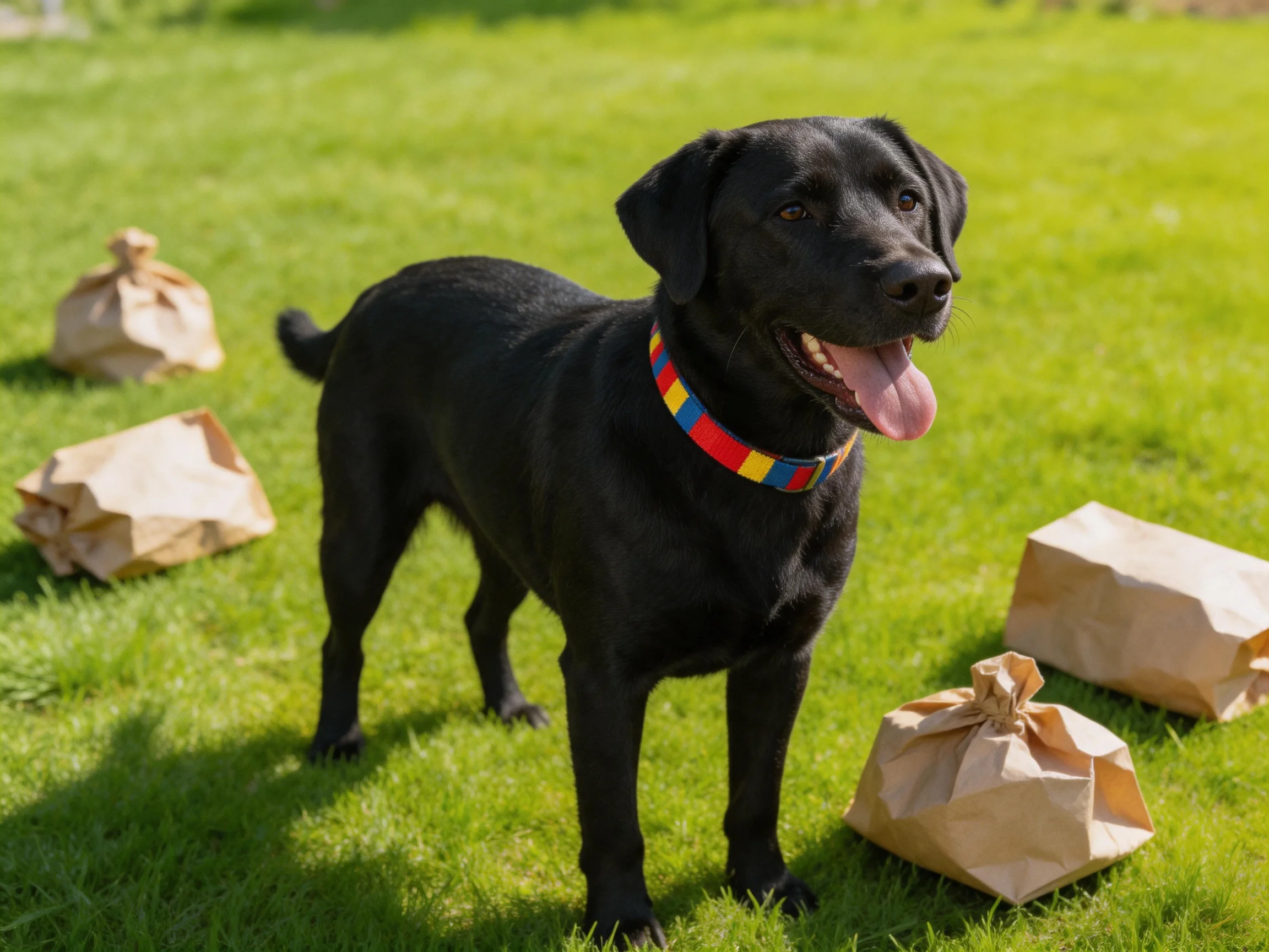 A black dog with a colorful collar stands near brown paper bags on a grassy lawn.