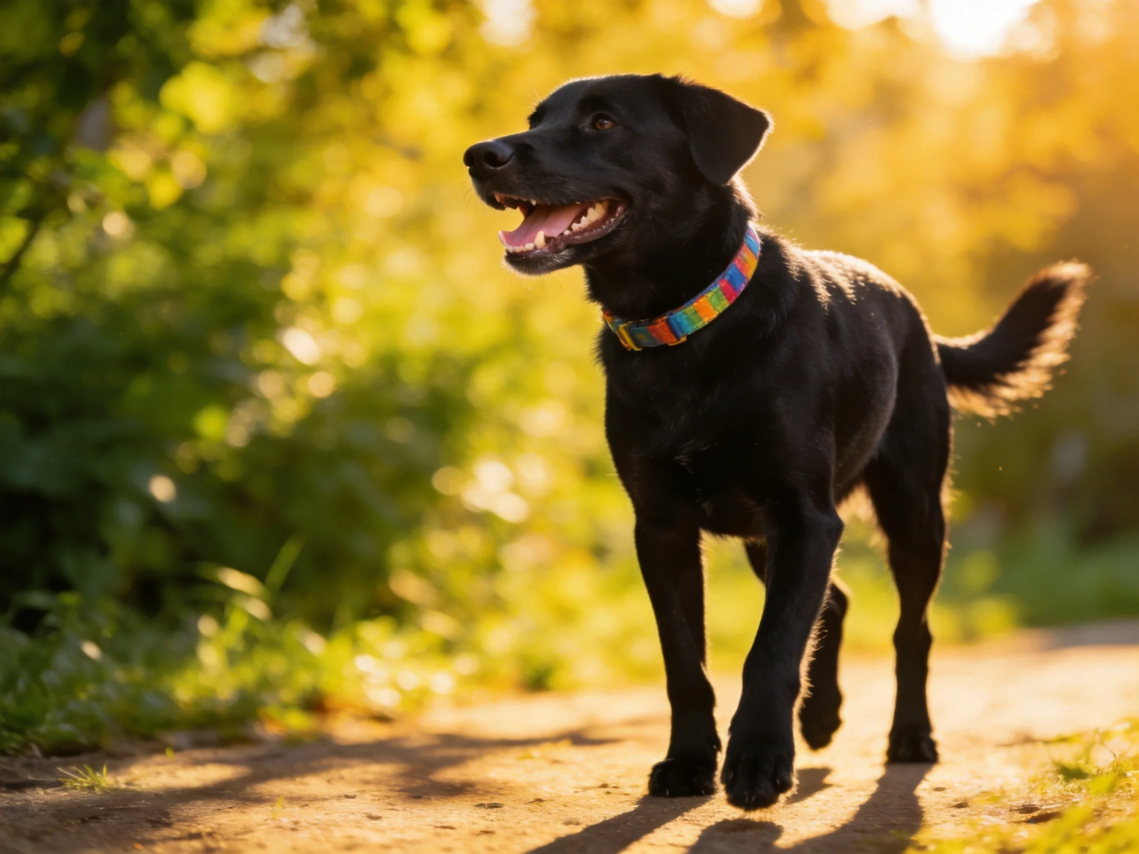 A black dog with a colorful collar walks on a sunlit dirt path