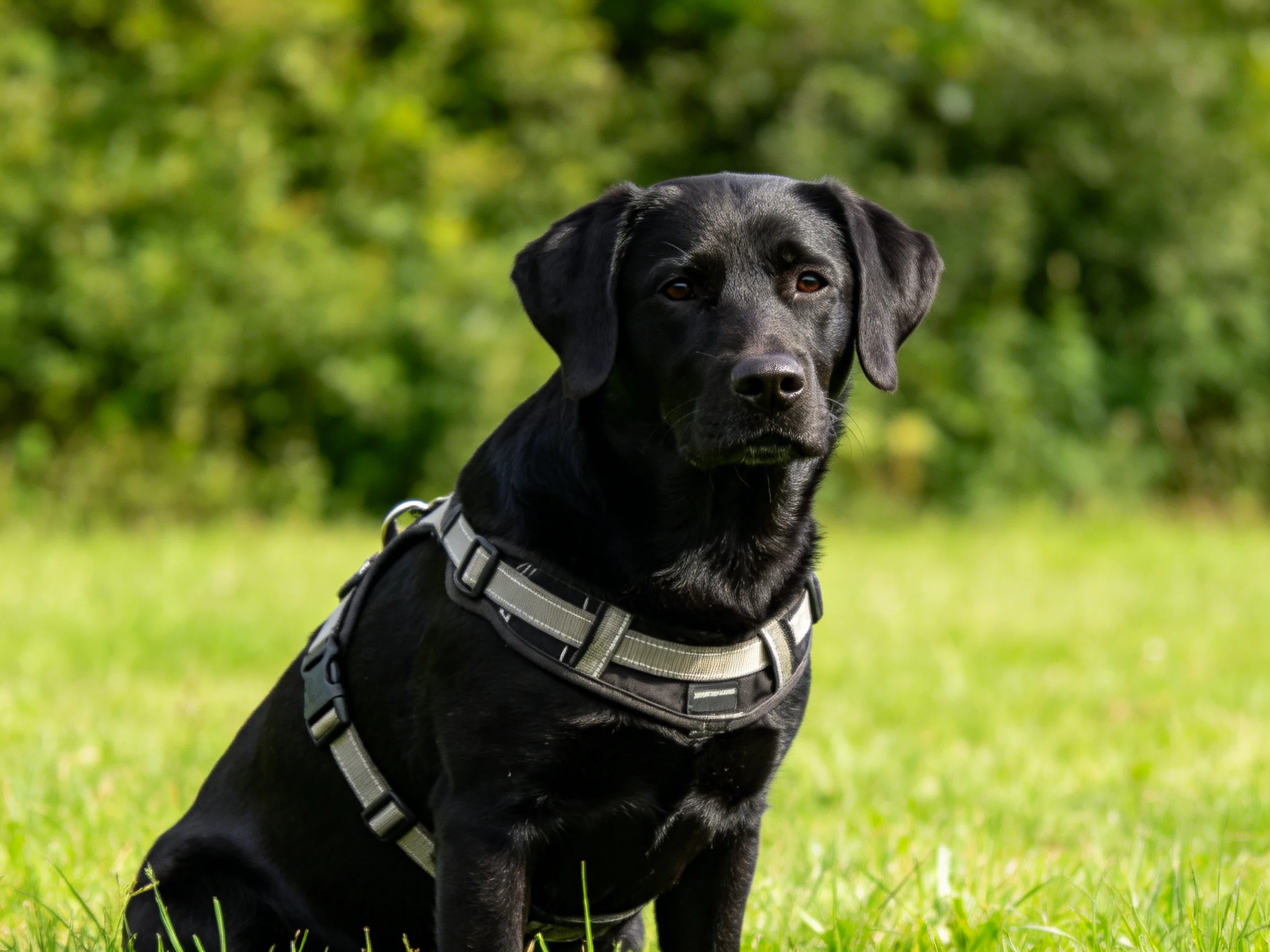 A black dog with a gray harness sits on lush green grass