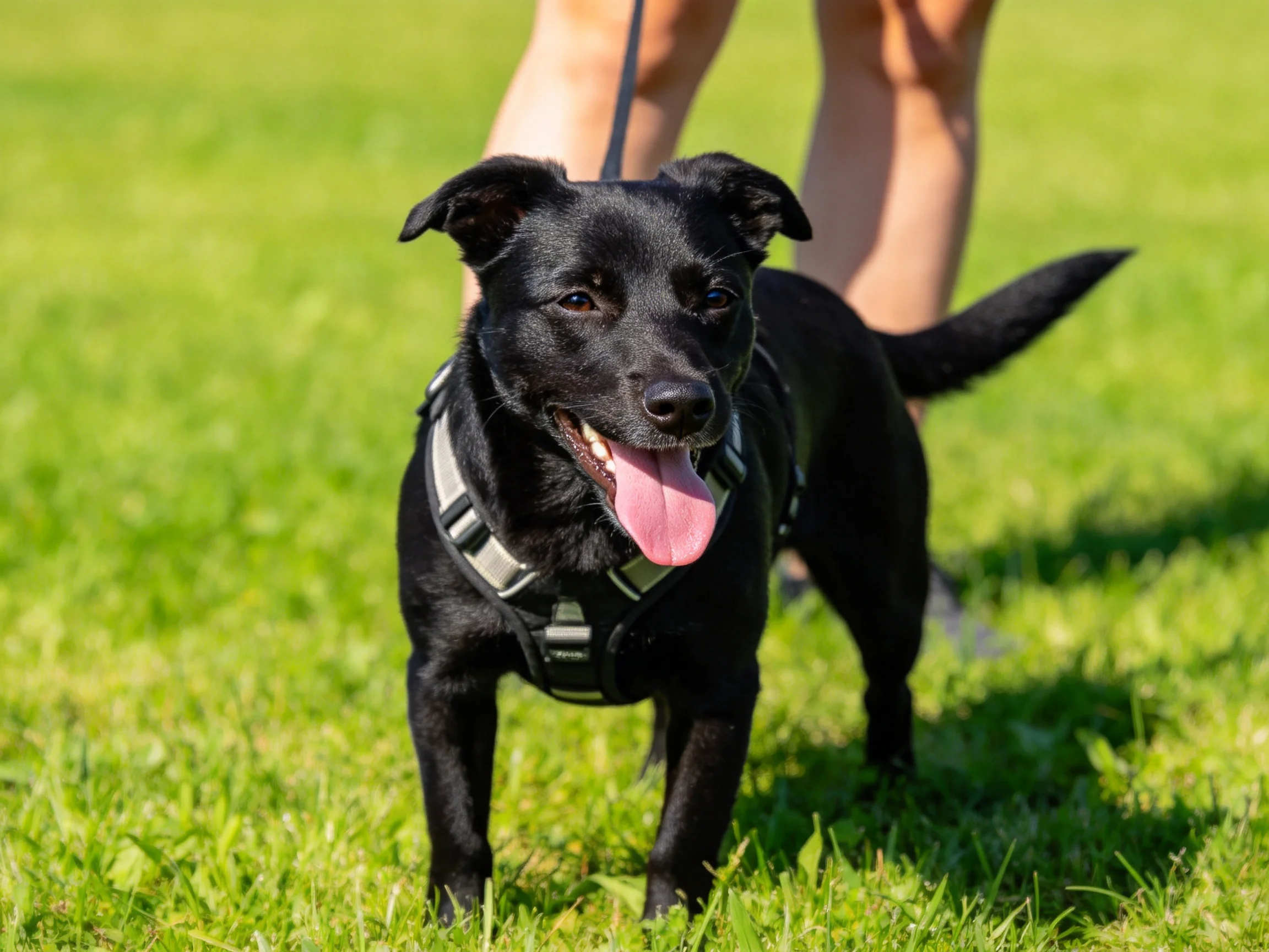 A black dog with a gray harness stands on lush green grass