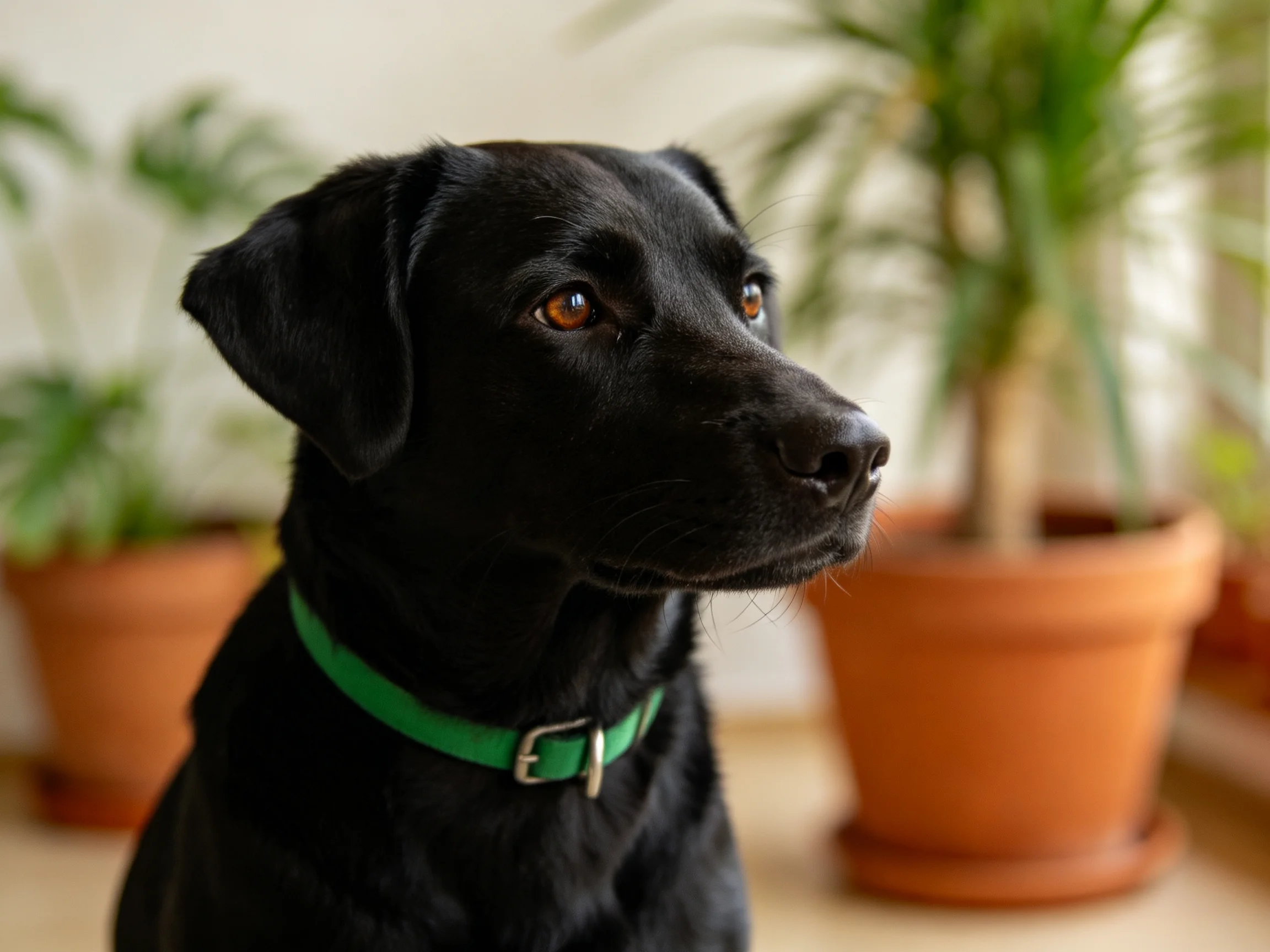 A black dog with a green collar sits near terracotta plant pots.