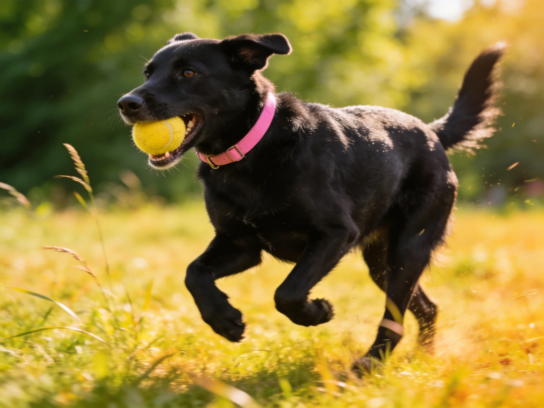 A black dog runs through grass carrying a yellow ball