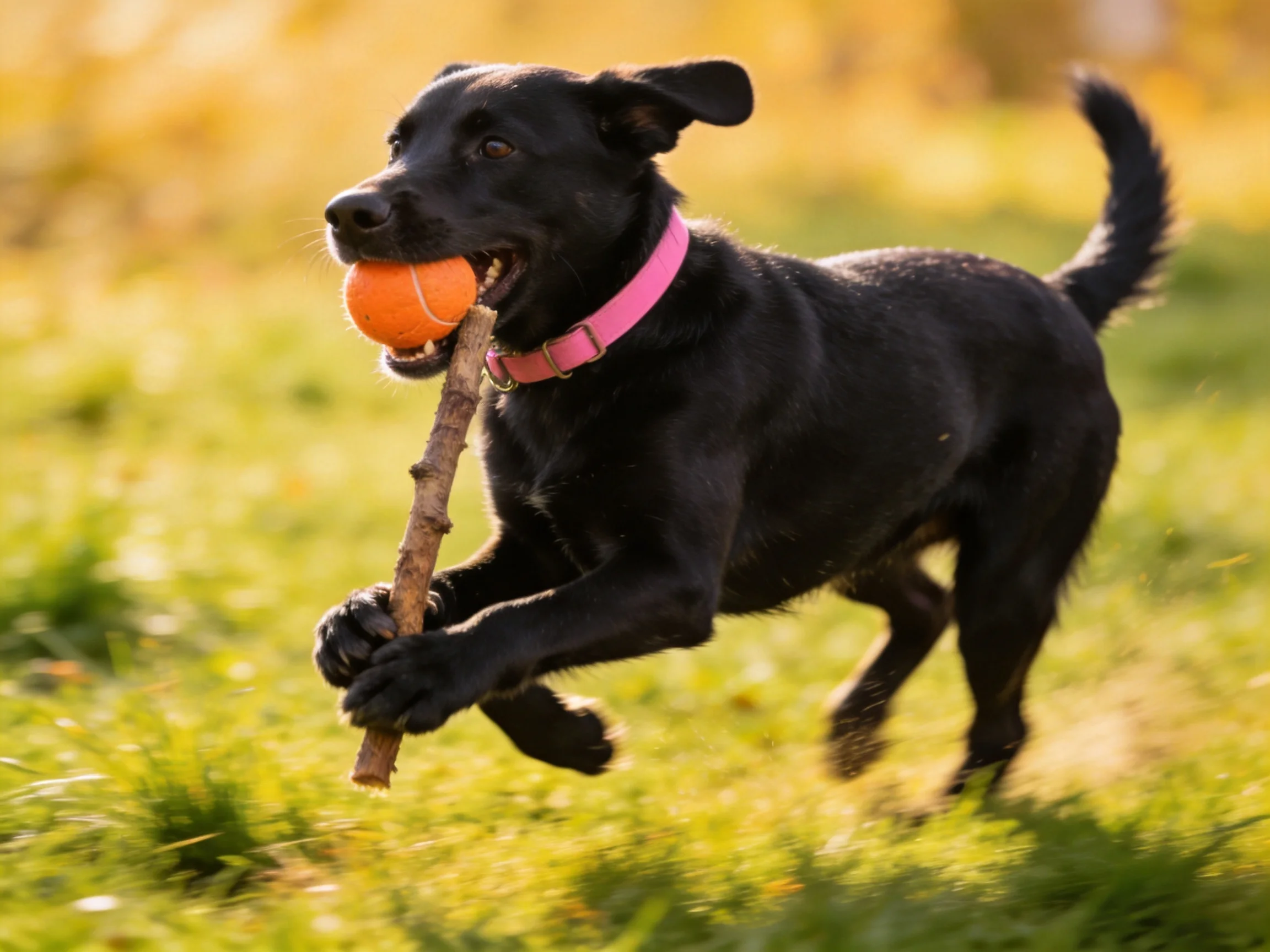 A black dog with a pink collar runs with an orange ball and stick in a sunny field