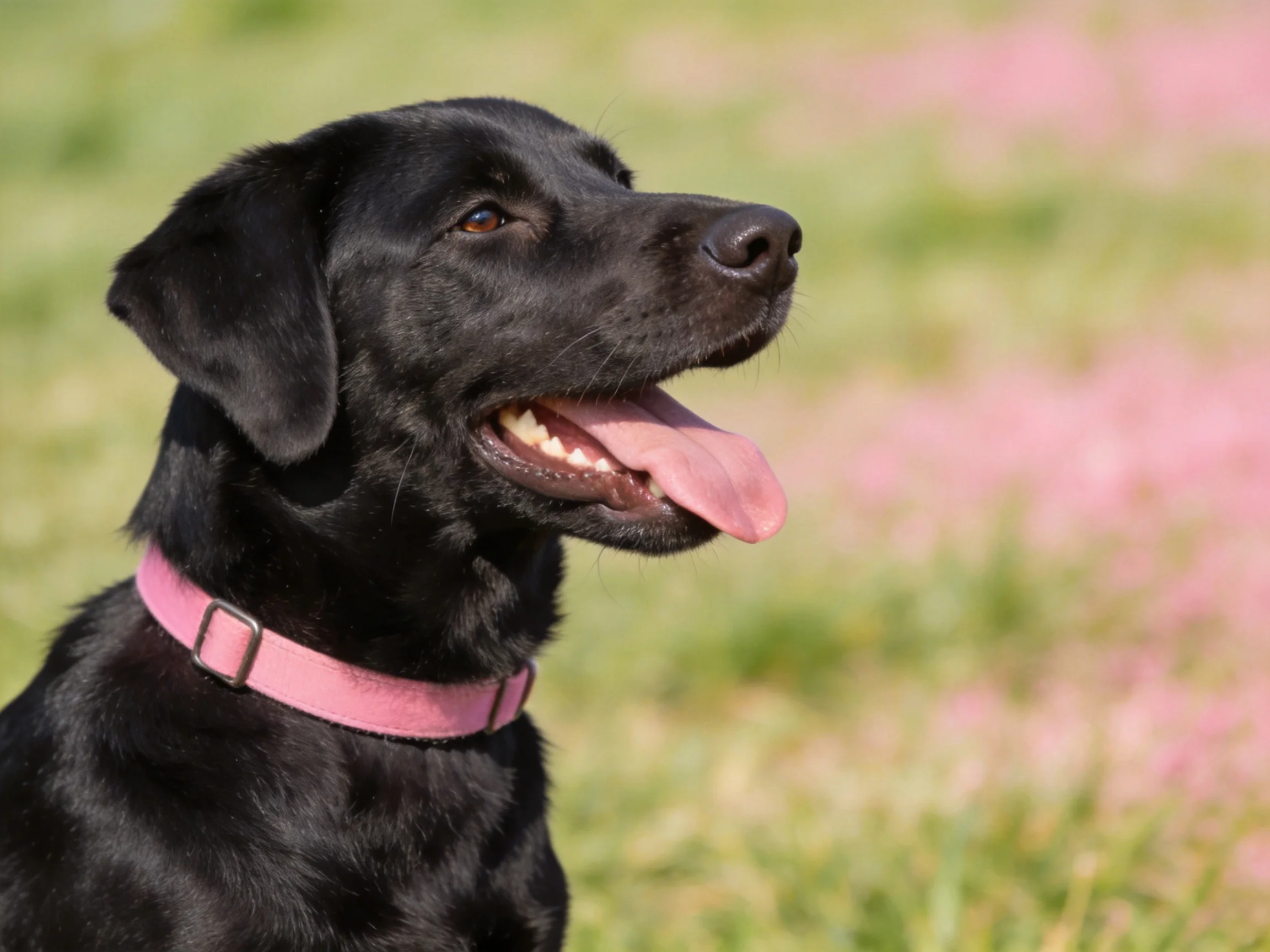 A black dog with a pink collar sits in a grassy, flowered field
