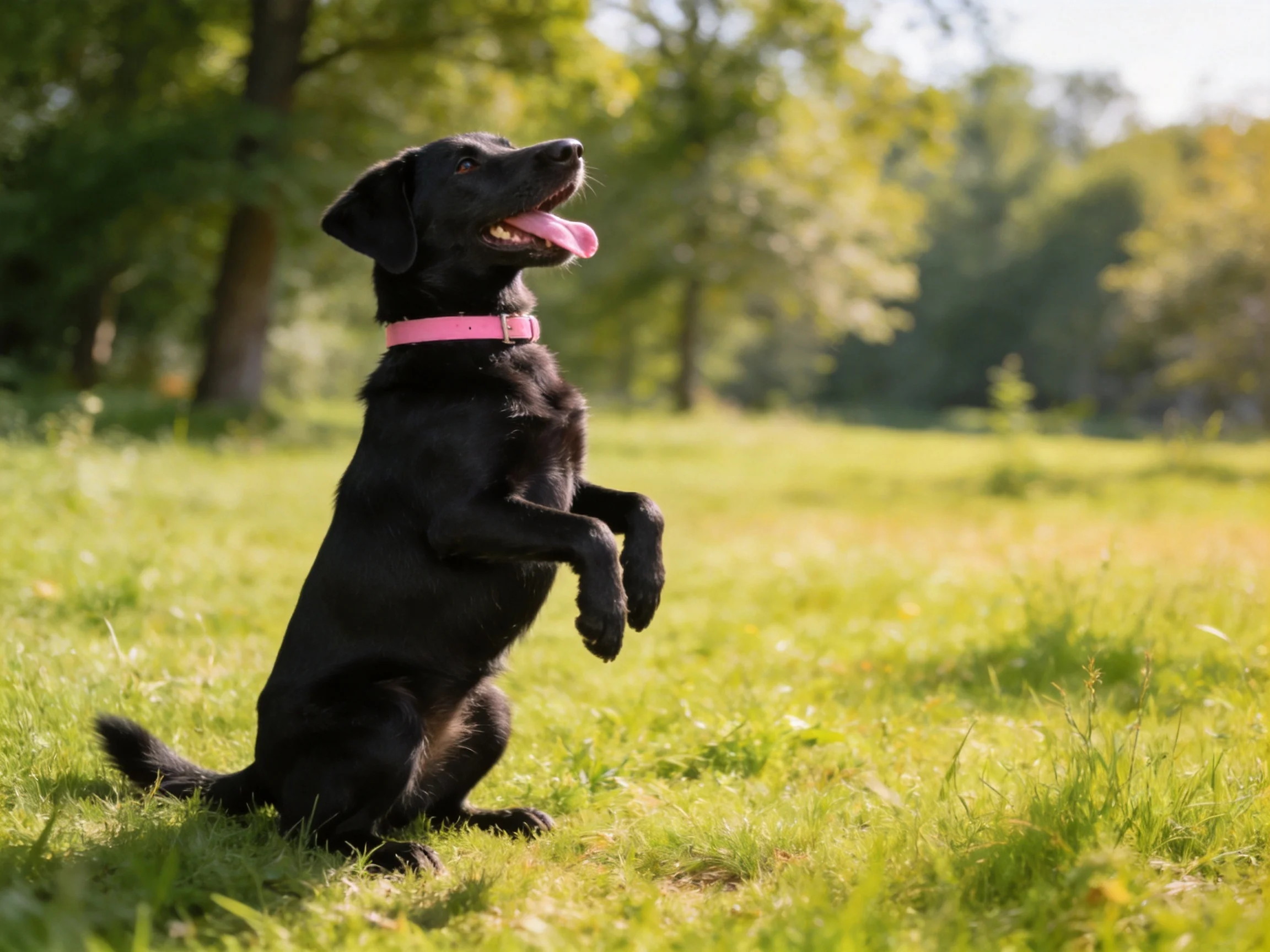 A black dog with a pink collar stands on its hind legs in a sunlit grassy area.