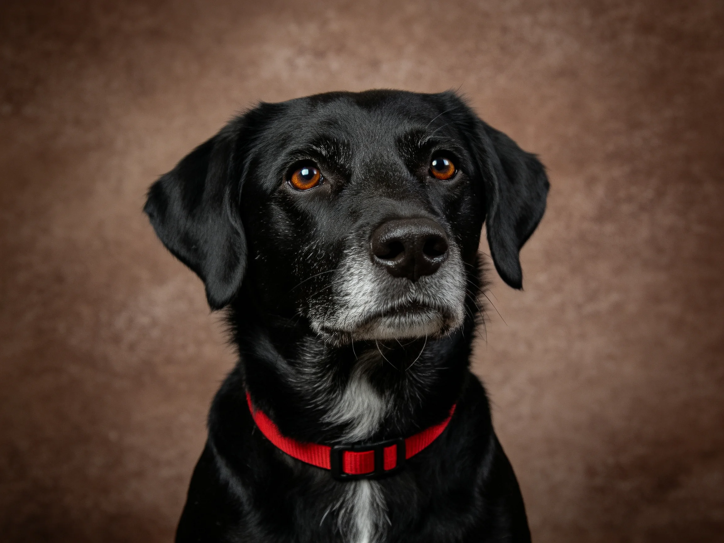 A black dog with a red collar against a brown textured backdrop