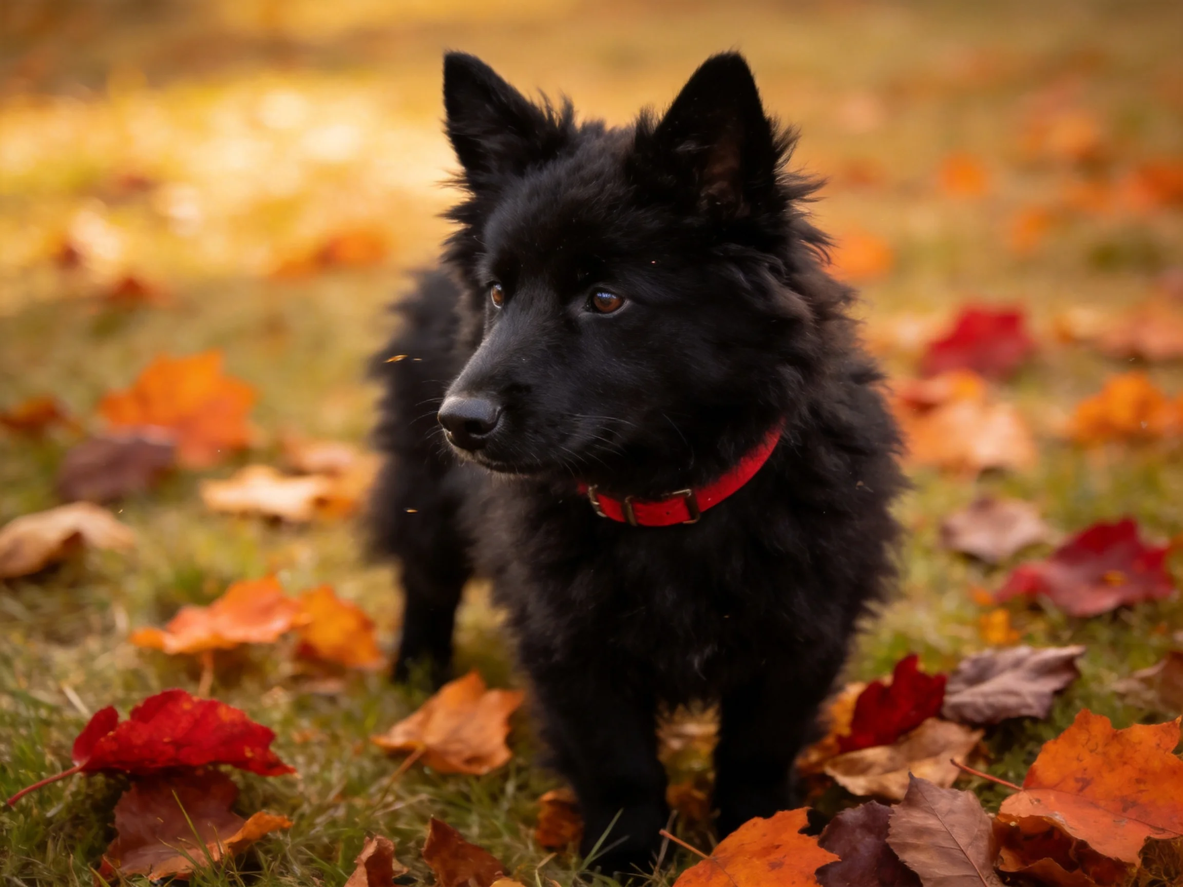 A black dog with a red collar among autumn leaves