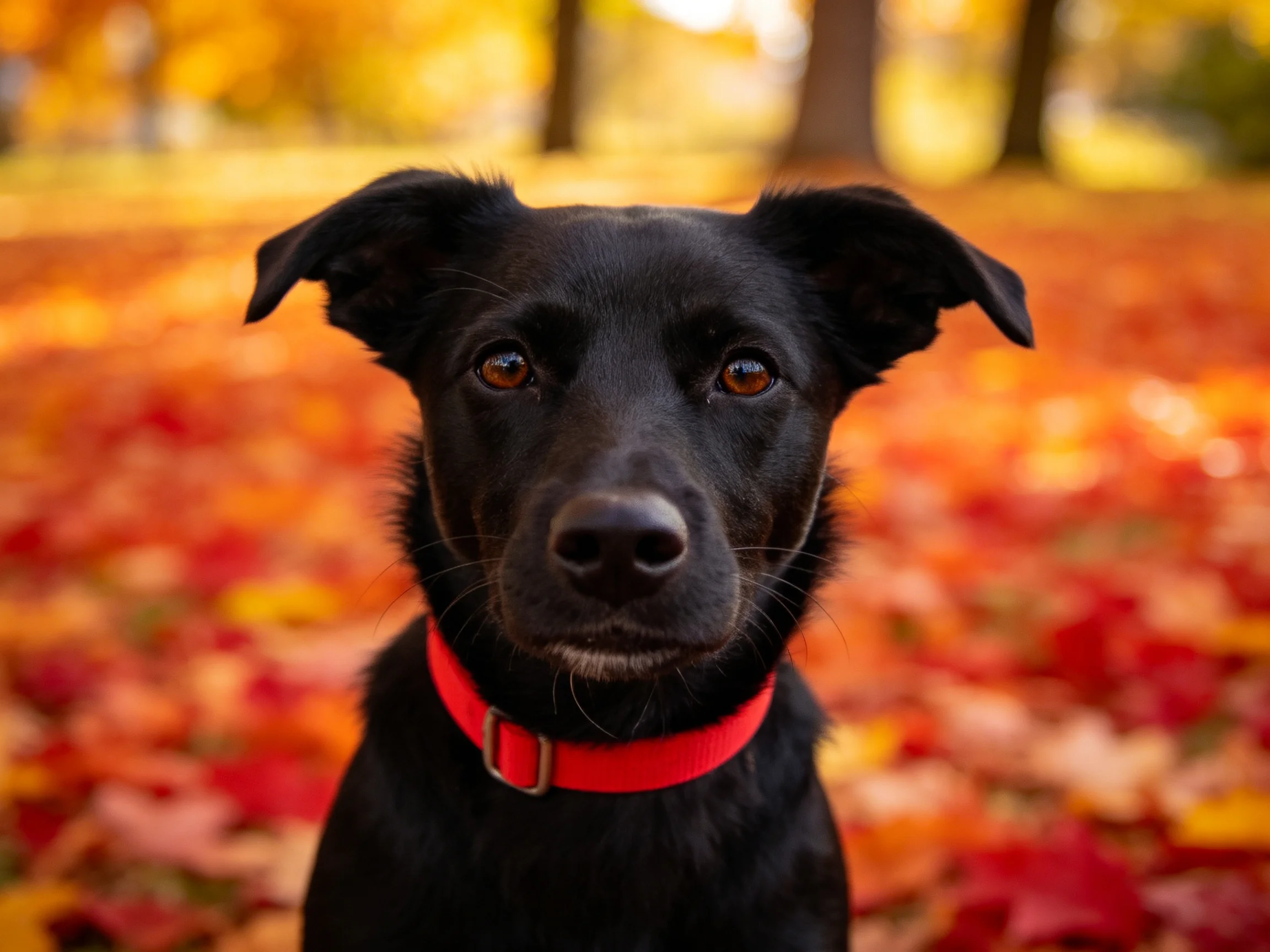 A black dog with a red collar stands among autumn leaves.