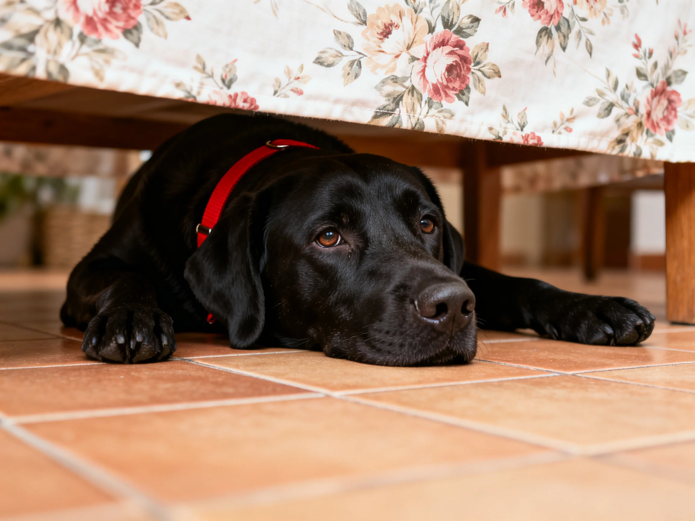 A black dog with a red collar rests under furniture on a tiled floor.