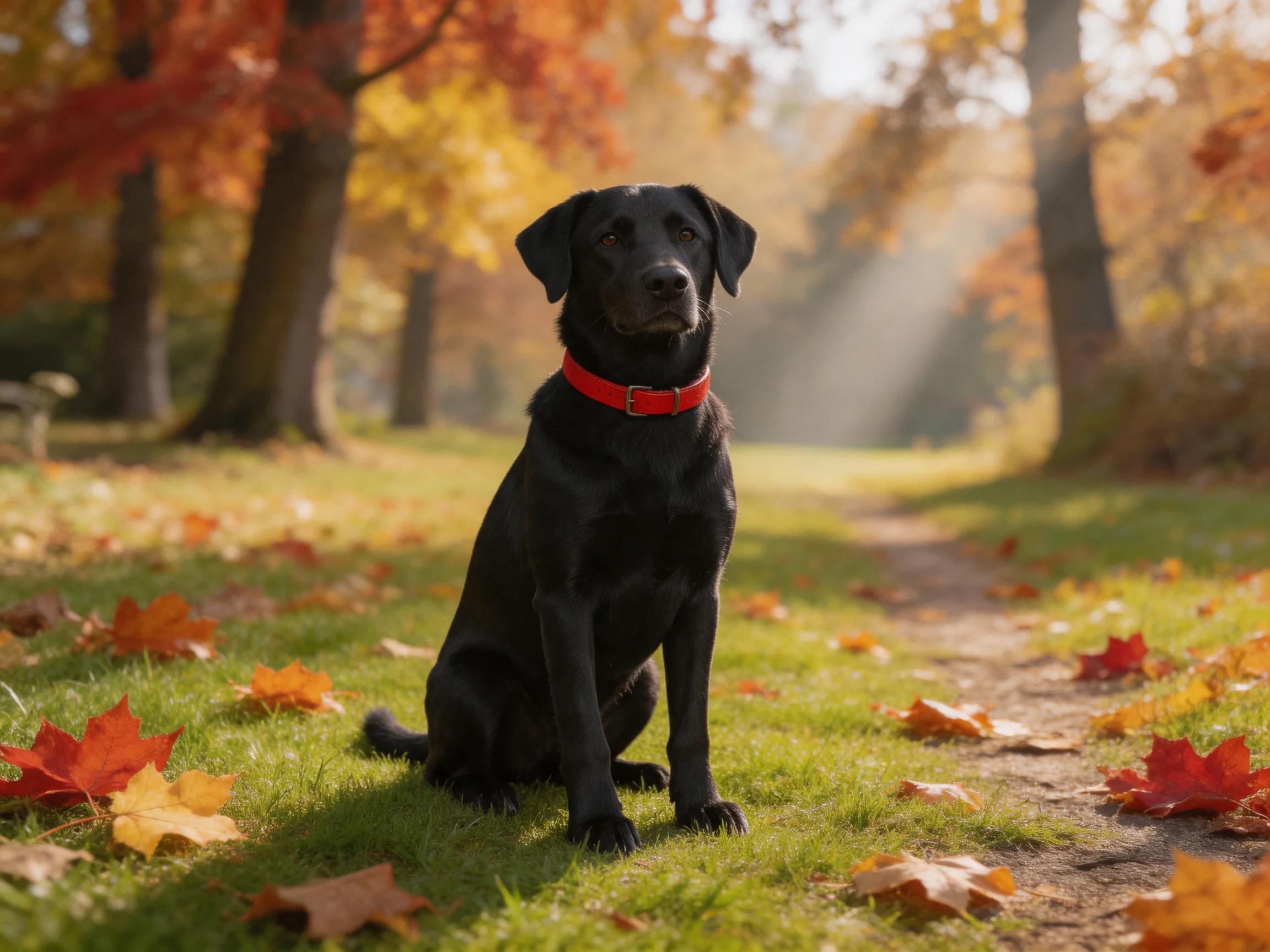 A black dog with a red collar rests near fallen autumn leaves on a sunlit path.