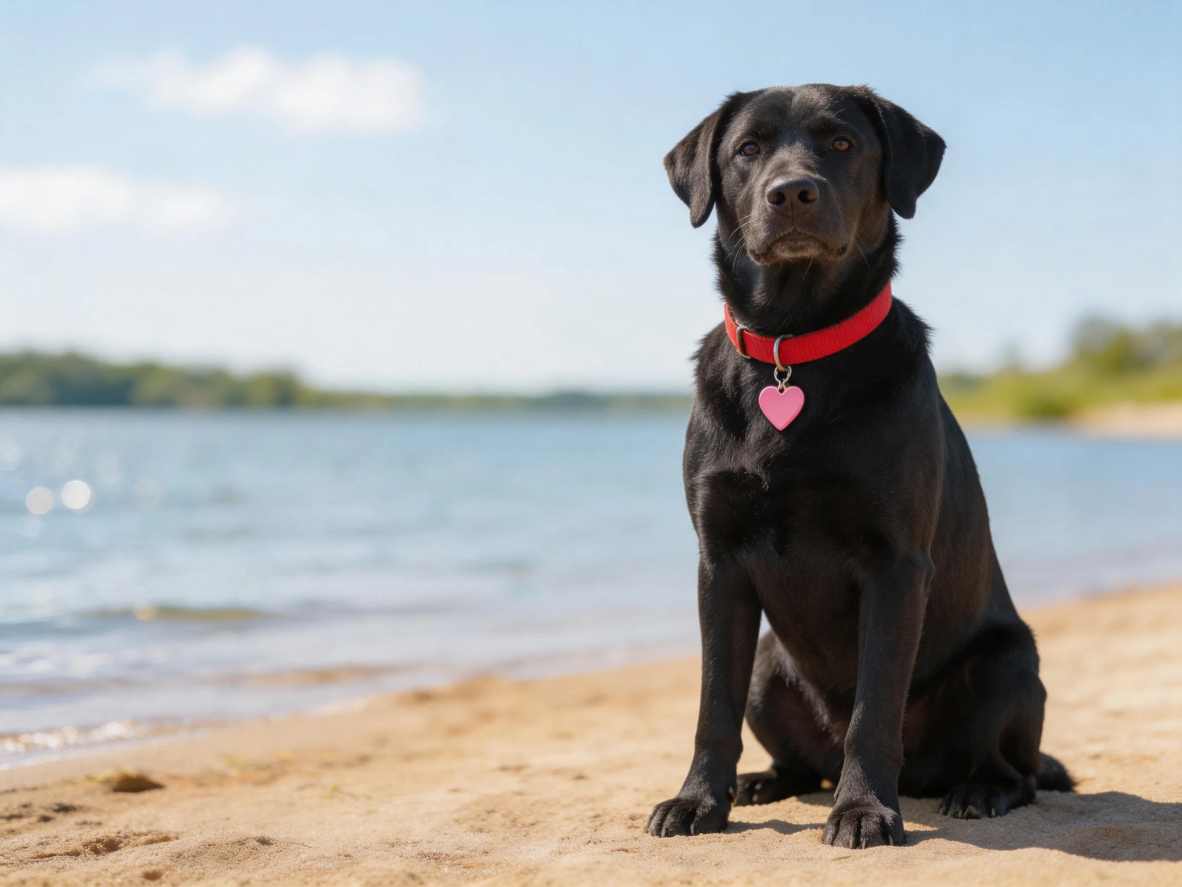 A black dog with a red collar sits calmly on a sandy beach by the water.