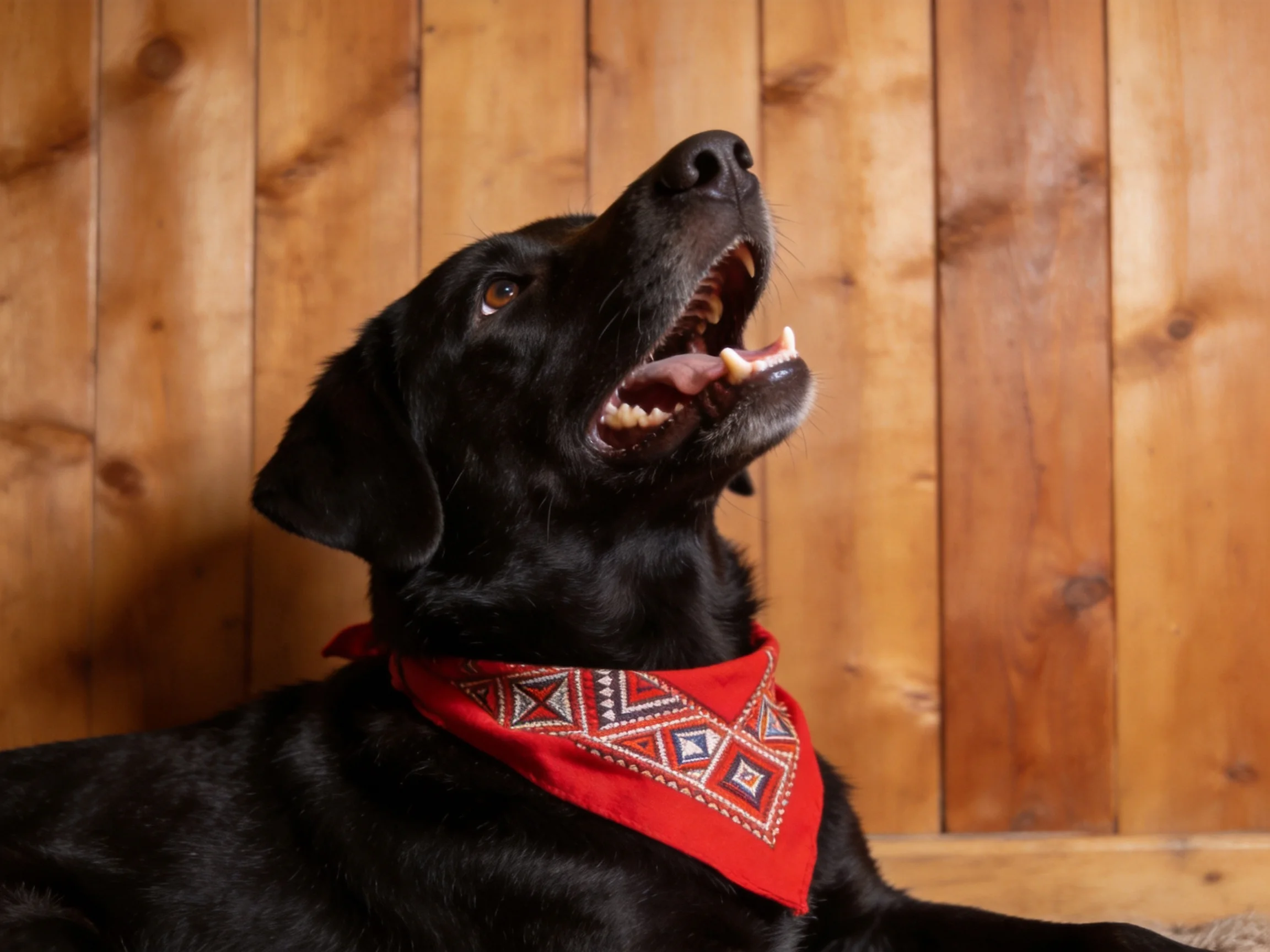 A black dog with a red patterned bandana near wooden panel walls