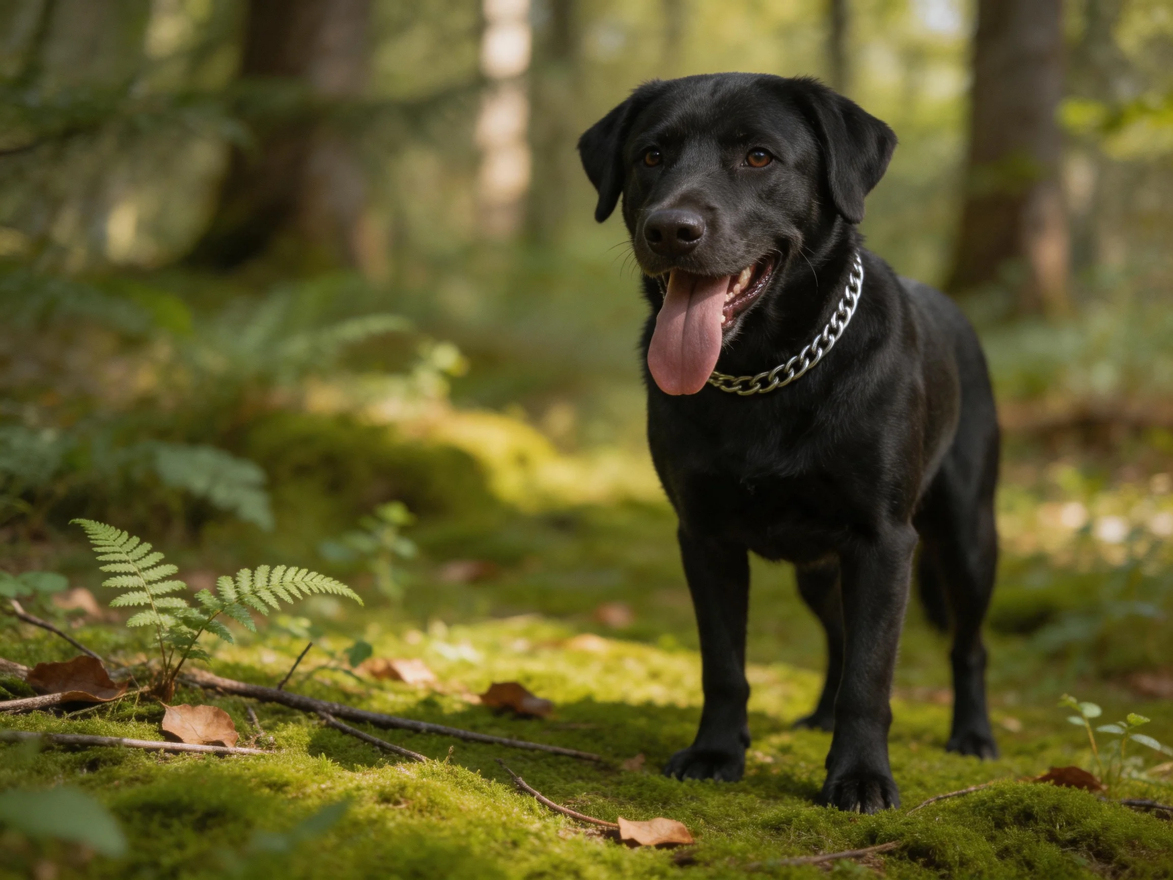 A black dog with a silver chain collar stands in a sunlit forest clearing.