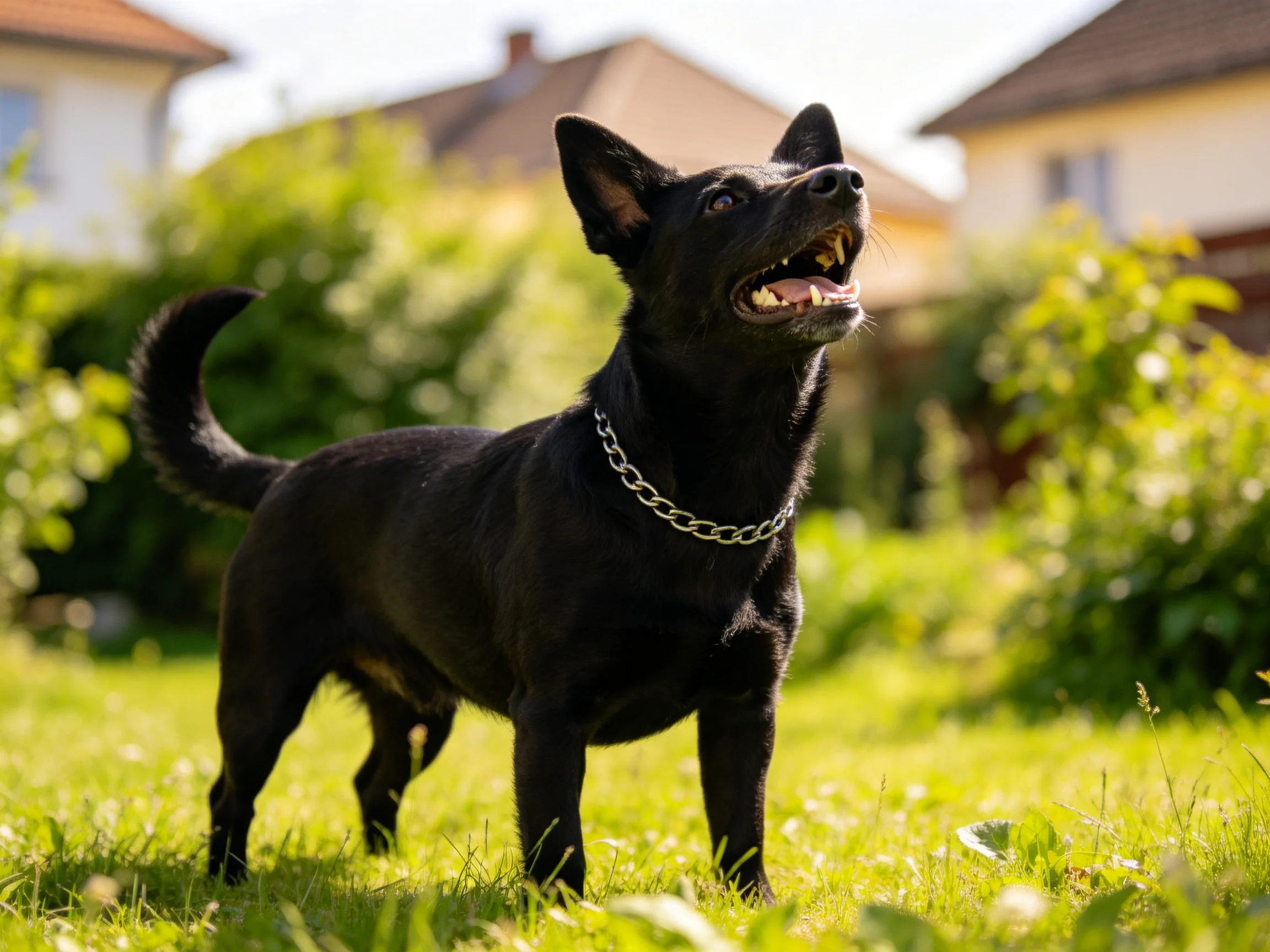 A black dog with a silver chain collar in a sunny backyard