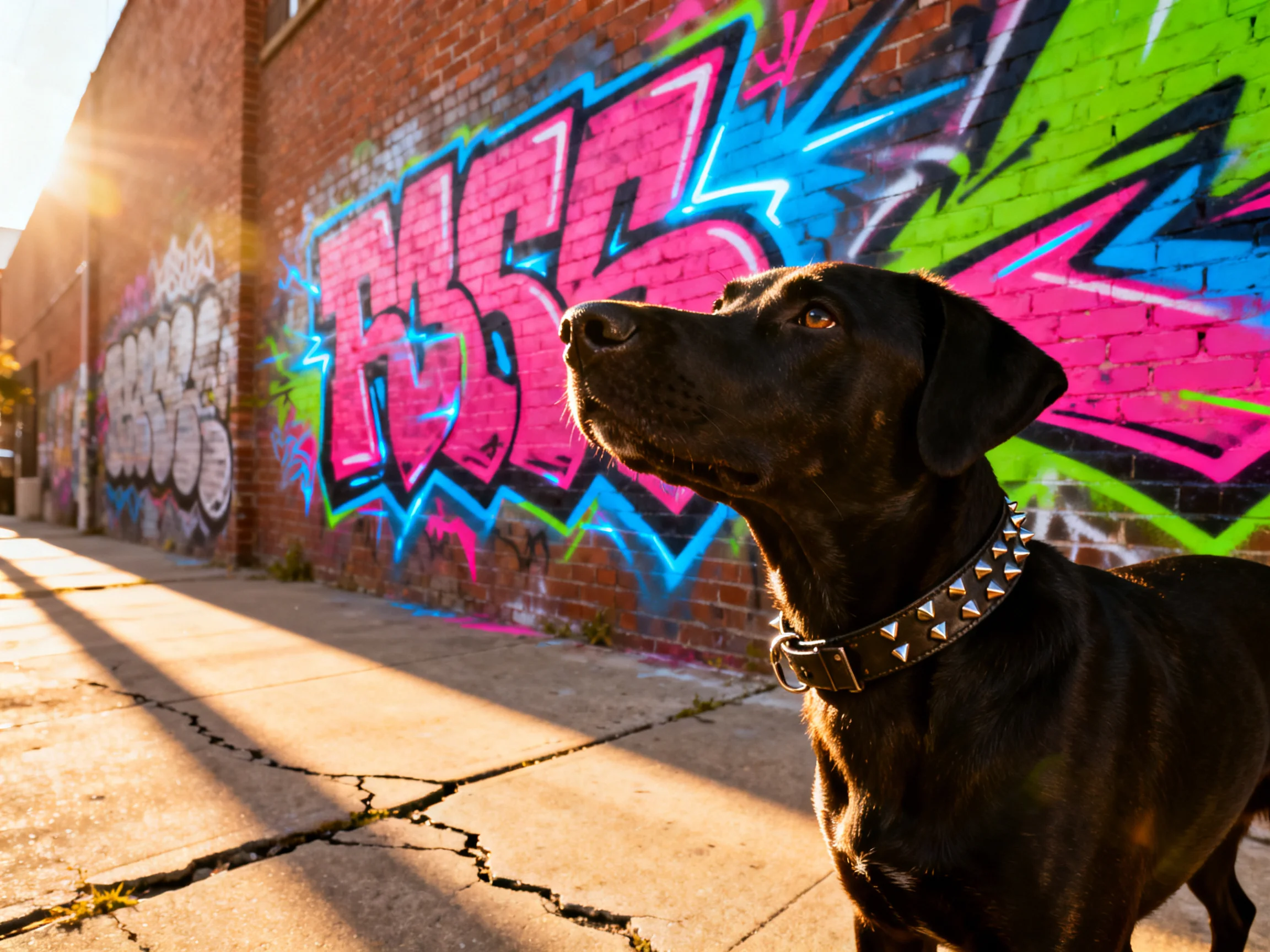 A black dog with a spiked collar near colorful graffiti on brick walls