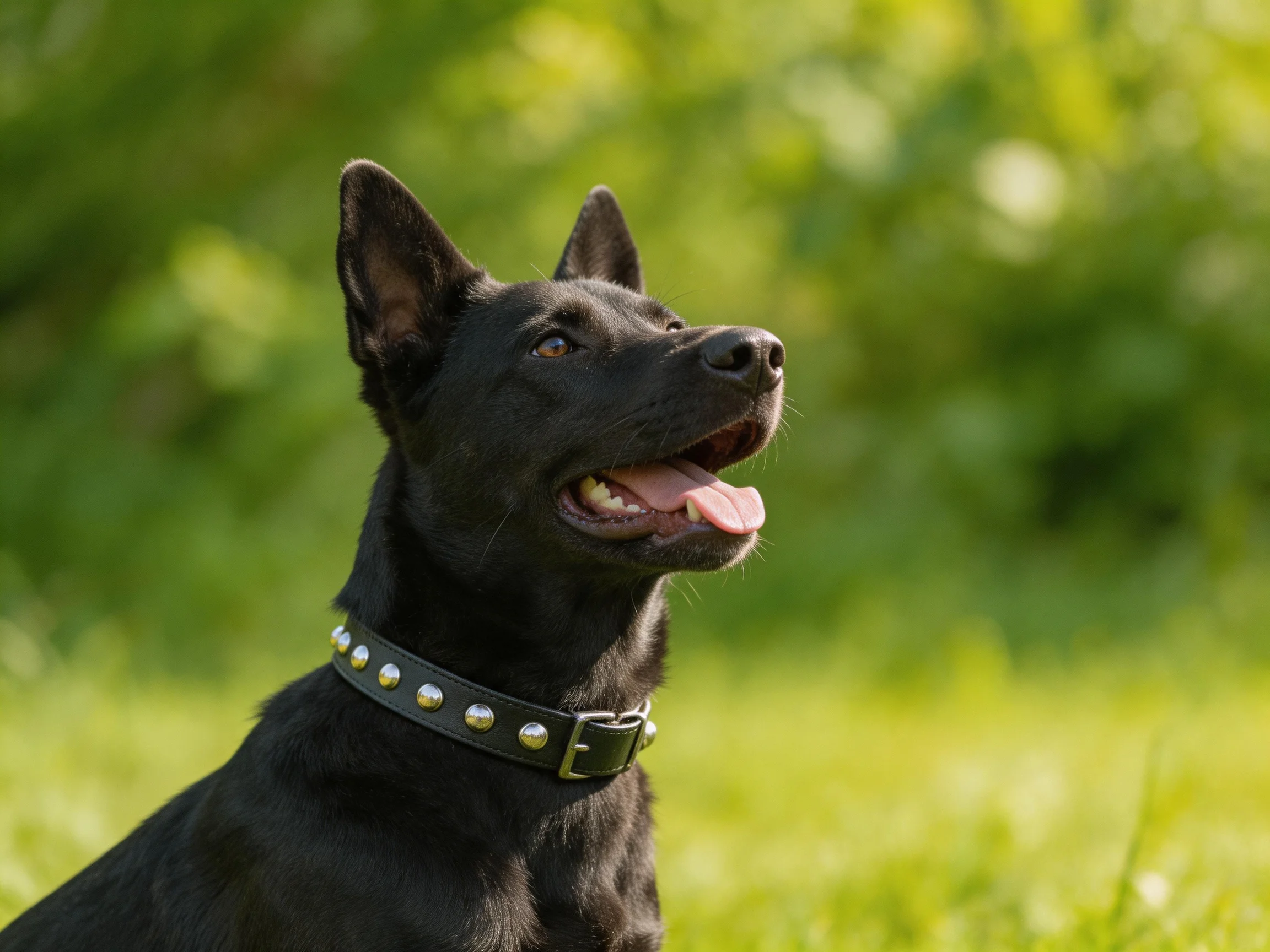 A black dog with a studded collar in a sunlit green field