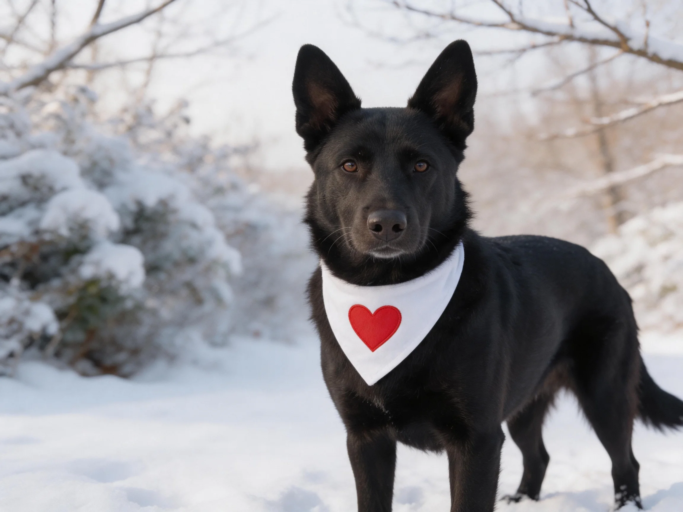 A black dog with a white bandana and red heart in snow