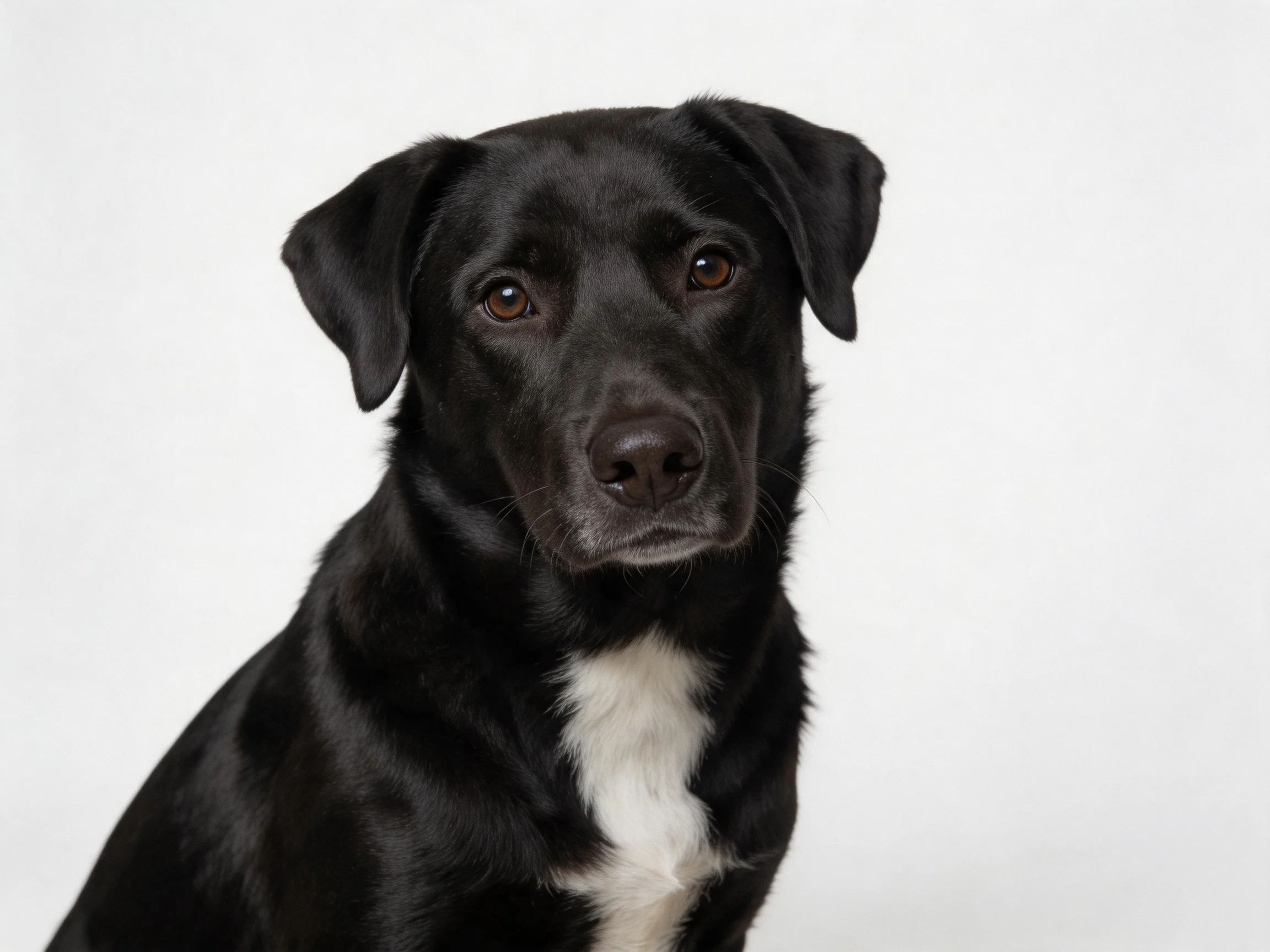 A black dog with a white chest against a plain white background