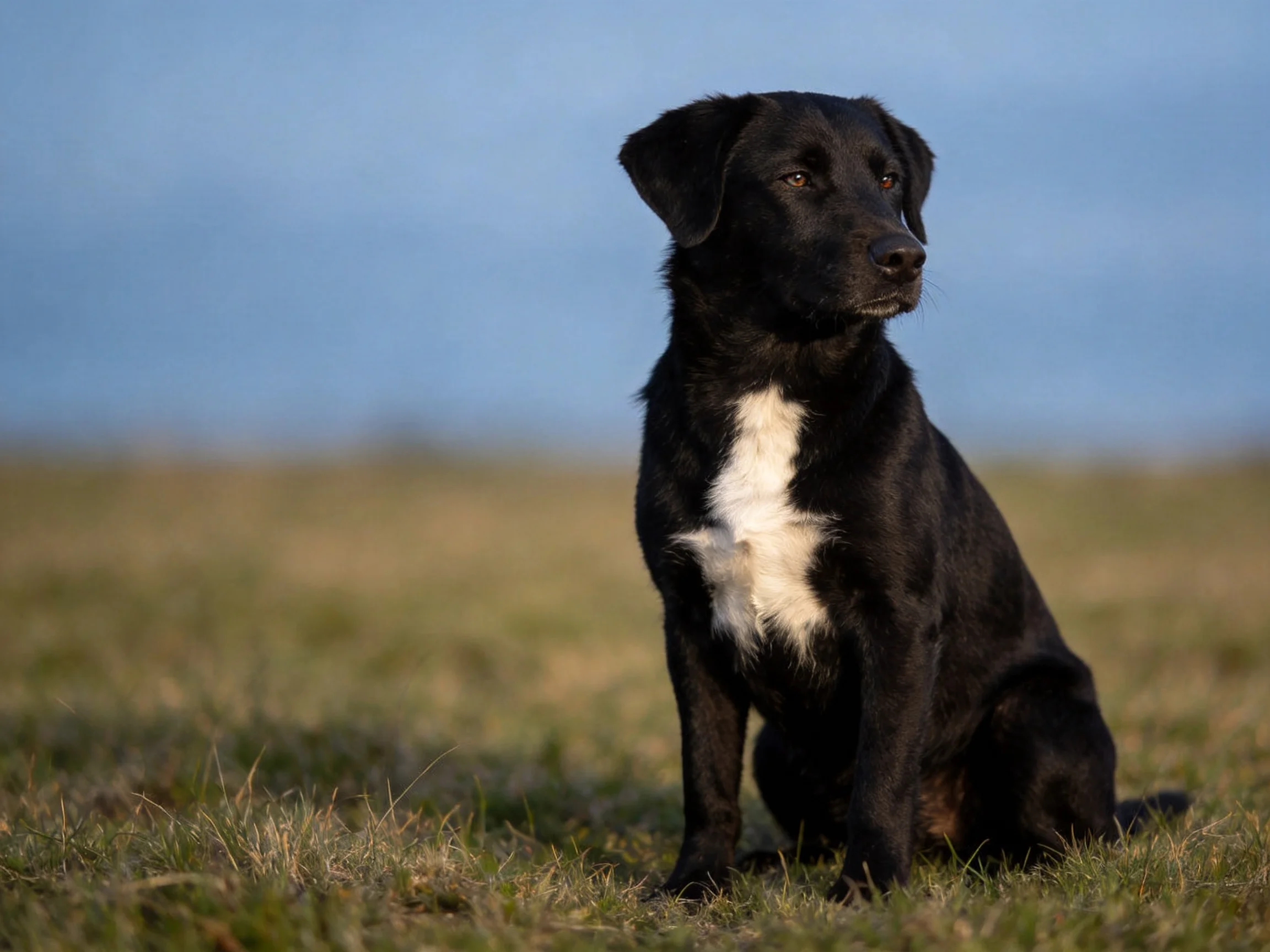 A black dog with a white chest sits in a grassy field