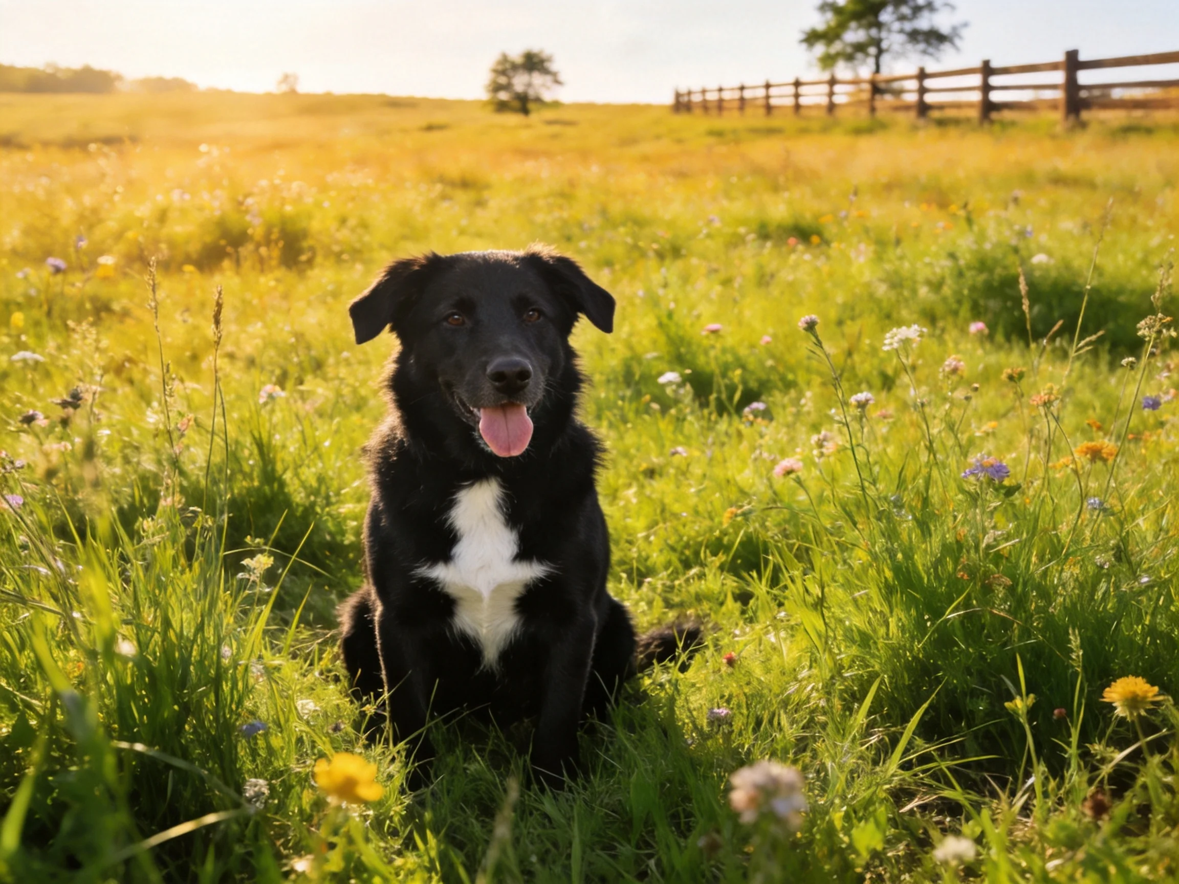 A black dog with a white chest sits in a sunlit wildflower meadow