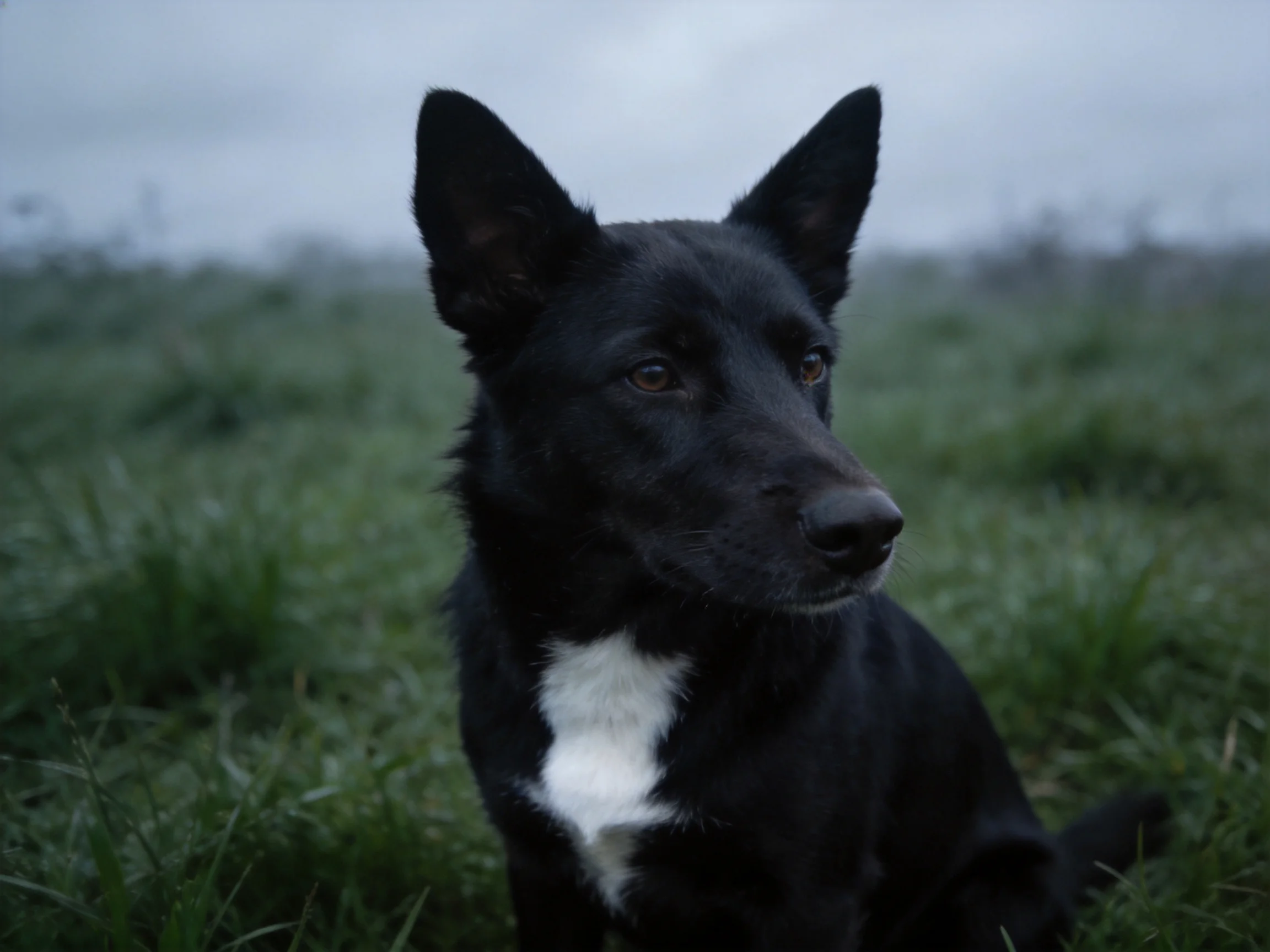 A black dog with a white chest sits in green grass under an overcast sky