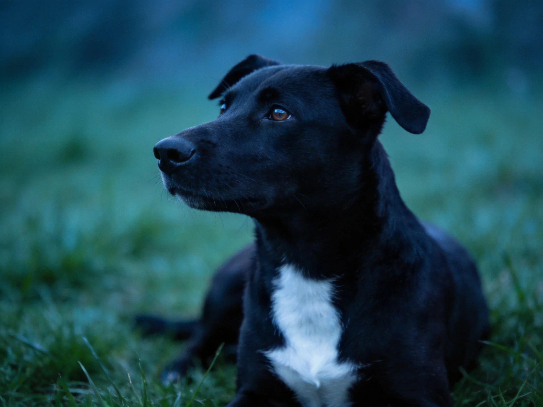 A black dog with a white chest sits on grass in dim lighting