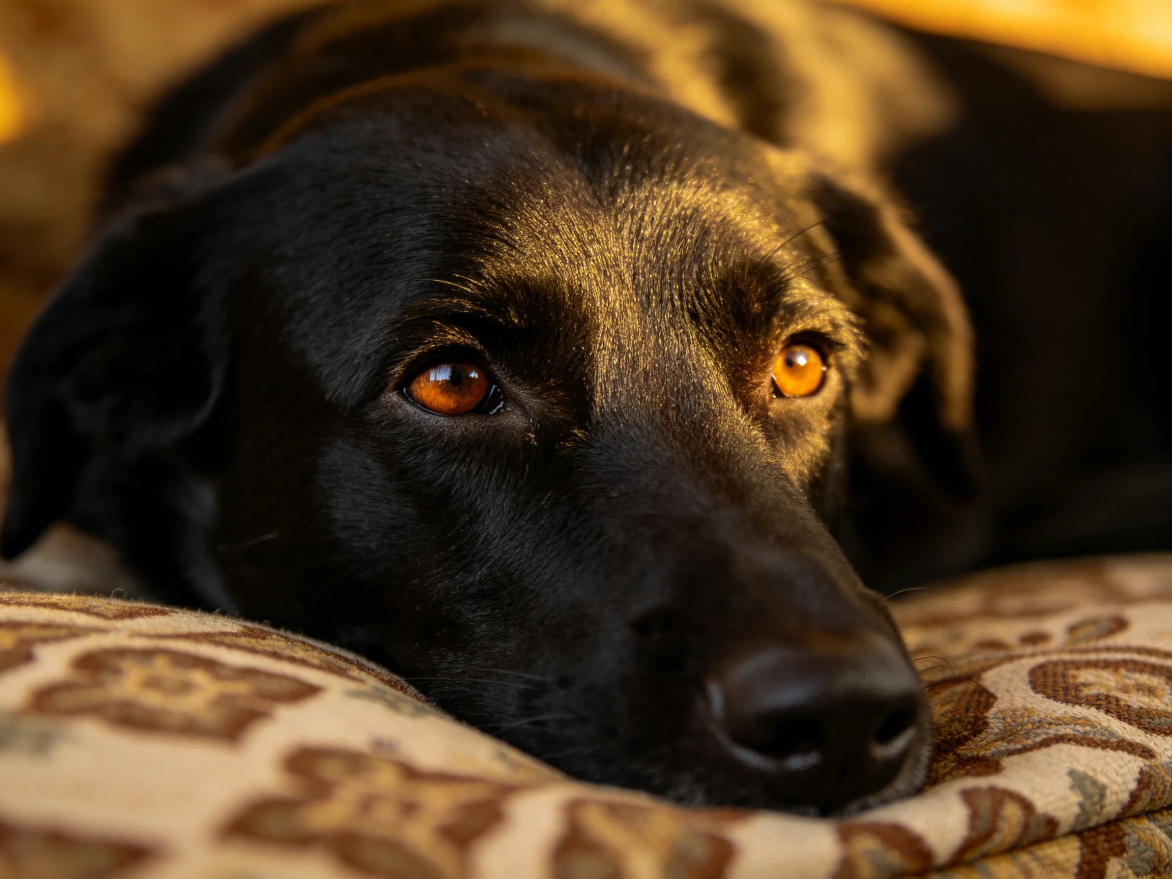 A black dog with amber eyes rests on a patterned cushion