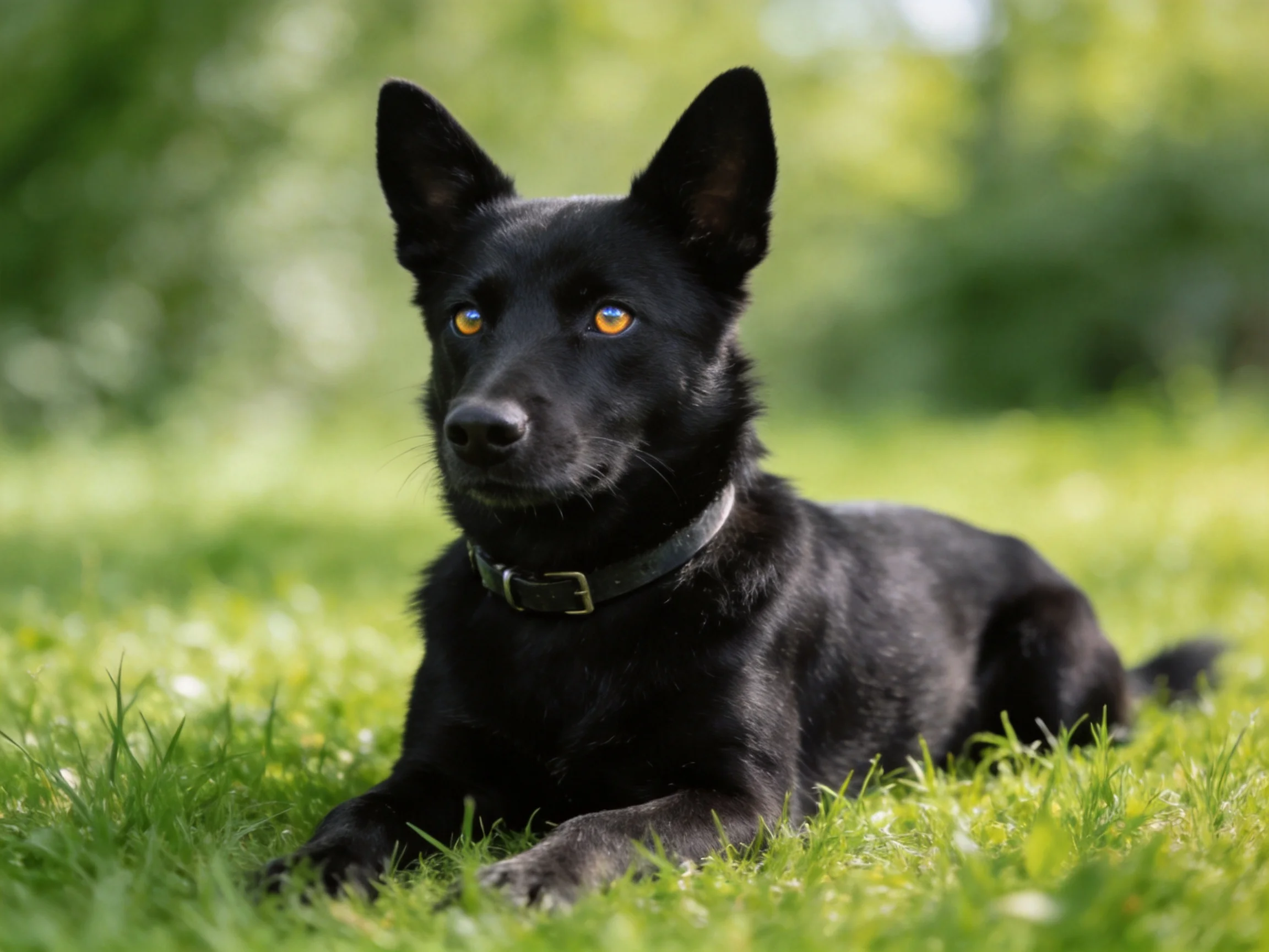 A black dog with amber eyes rests on green grass