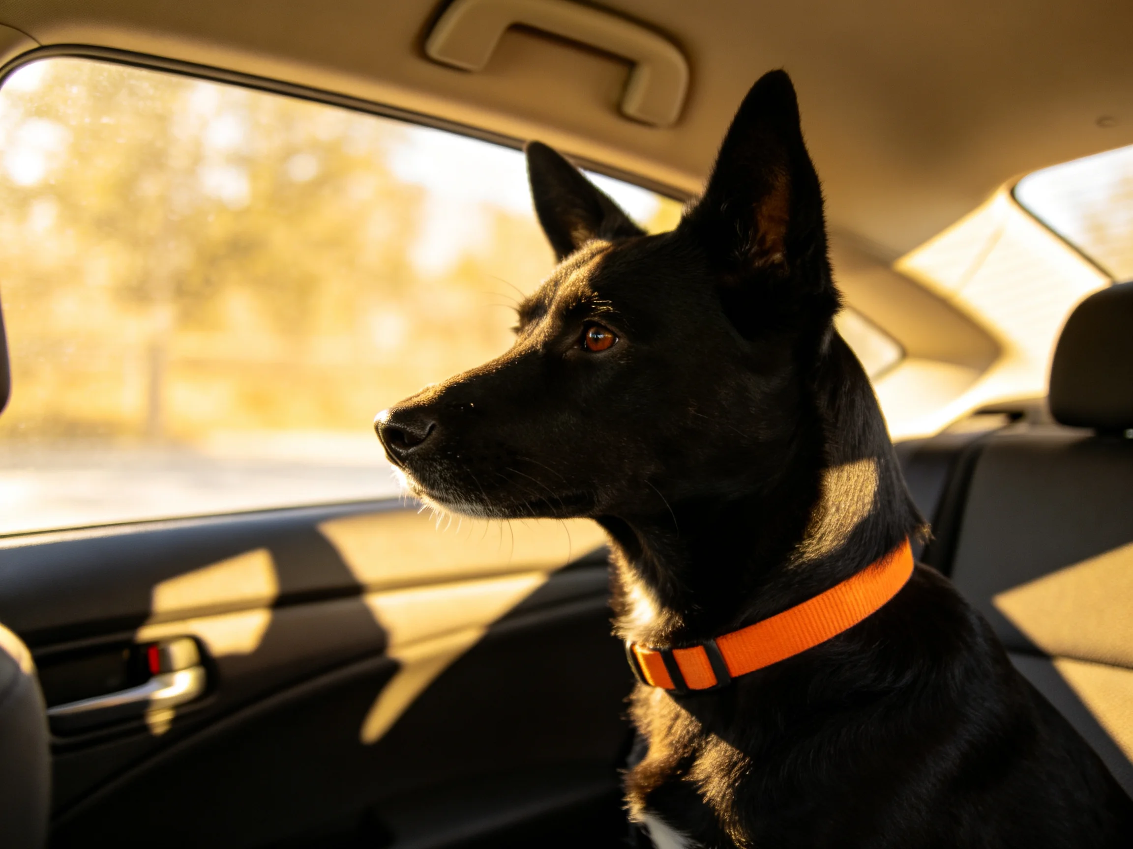A black dog with an orange collar looks out from a car window.