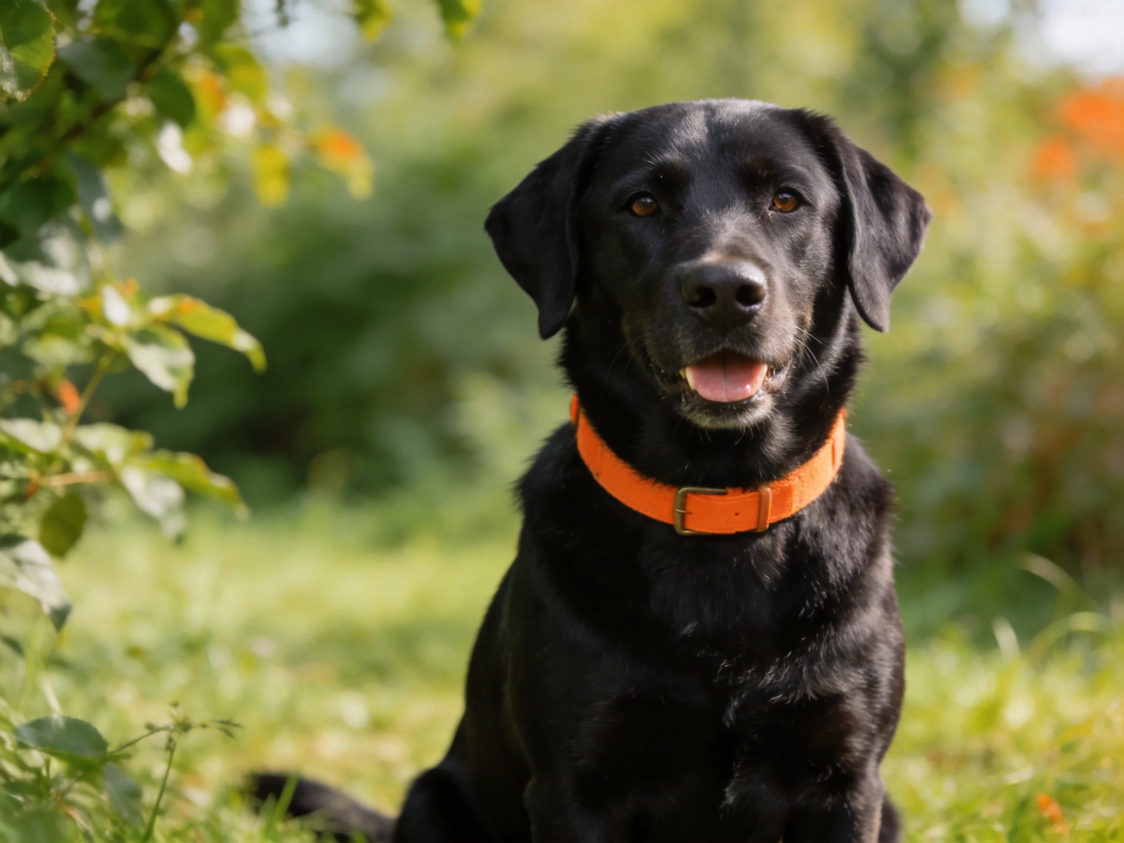 A black dog with an orange collar sits peacefully in a green outdoor setting.