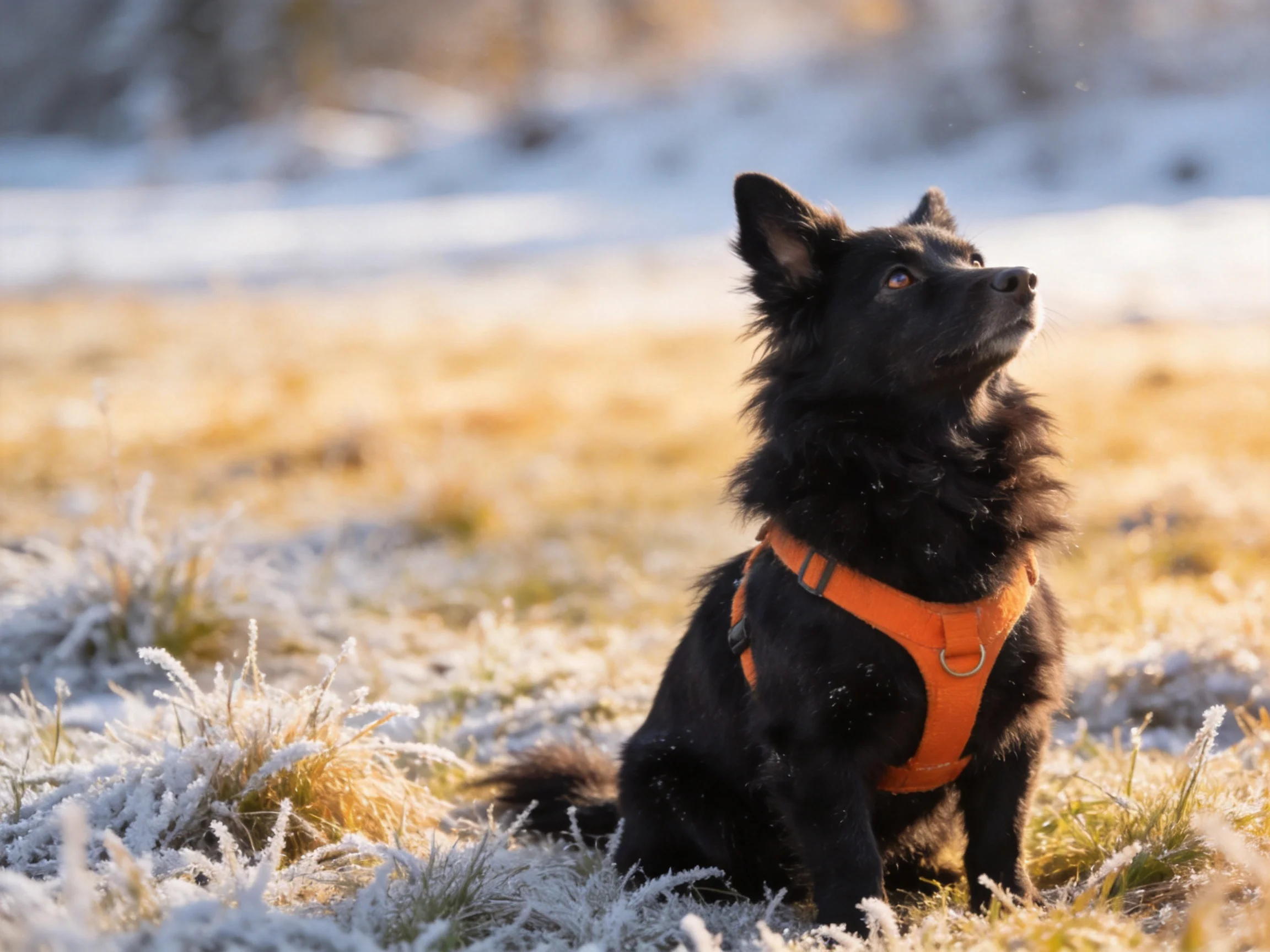A black dog with an orange harness sits in a frosty, golden field