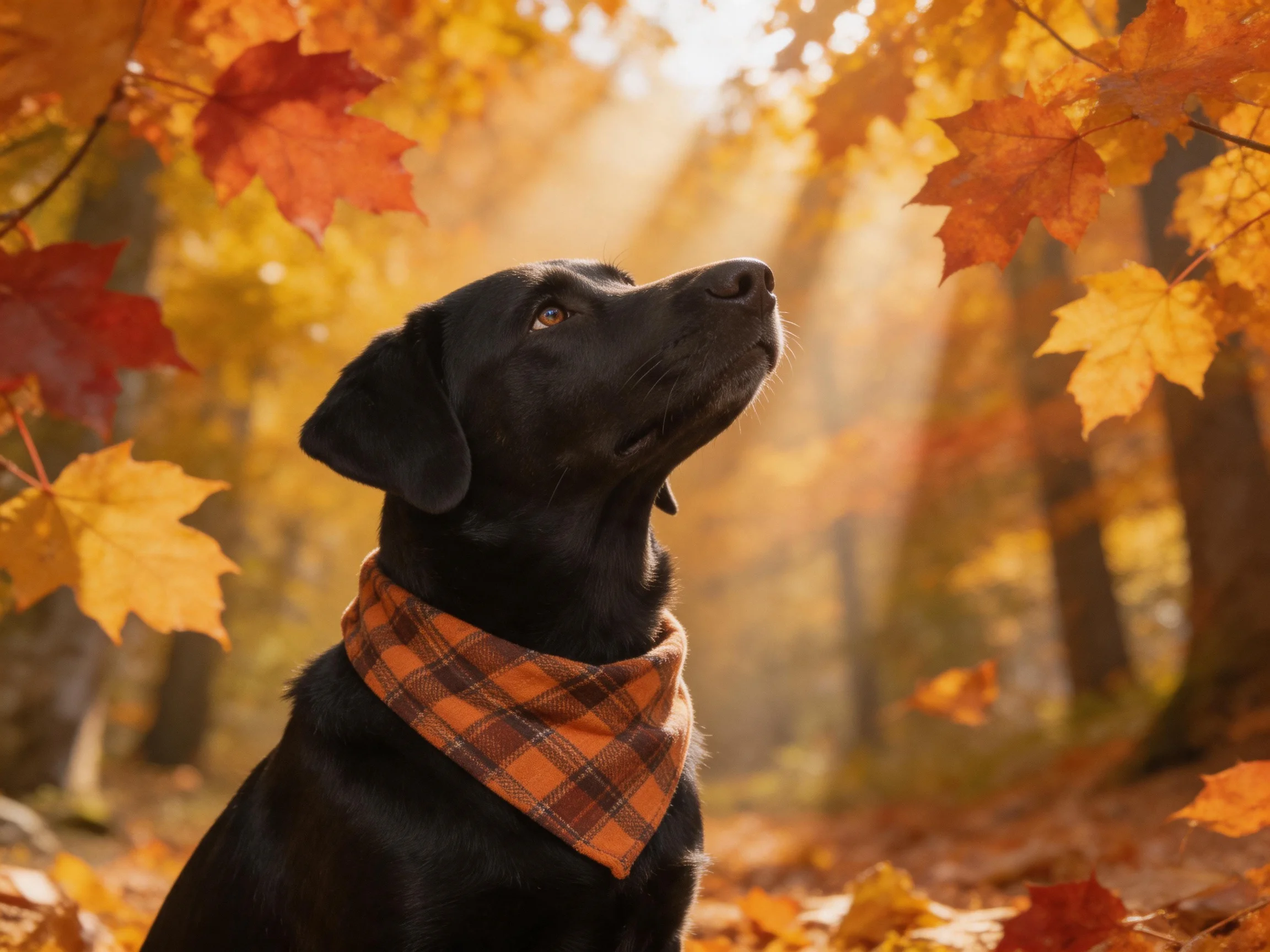 A black dog with an orange plaid bandana in a golden autumn forest