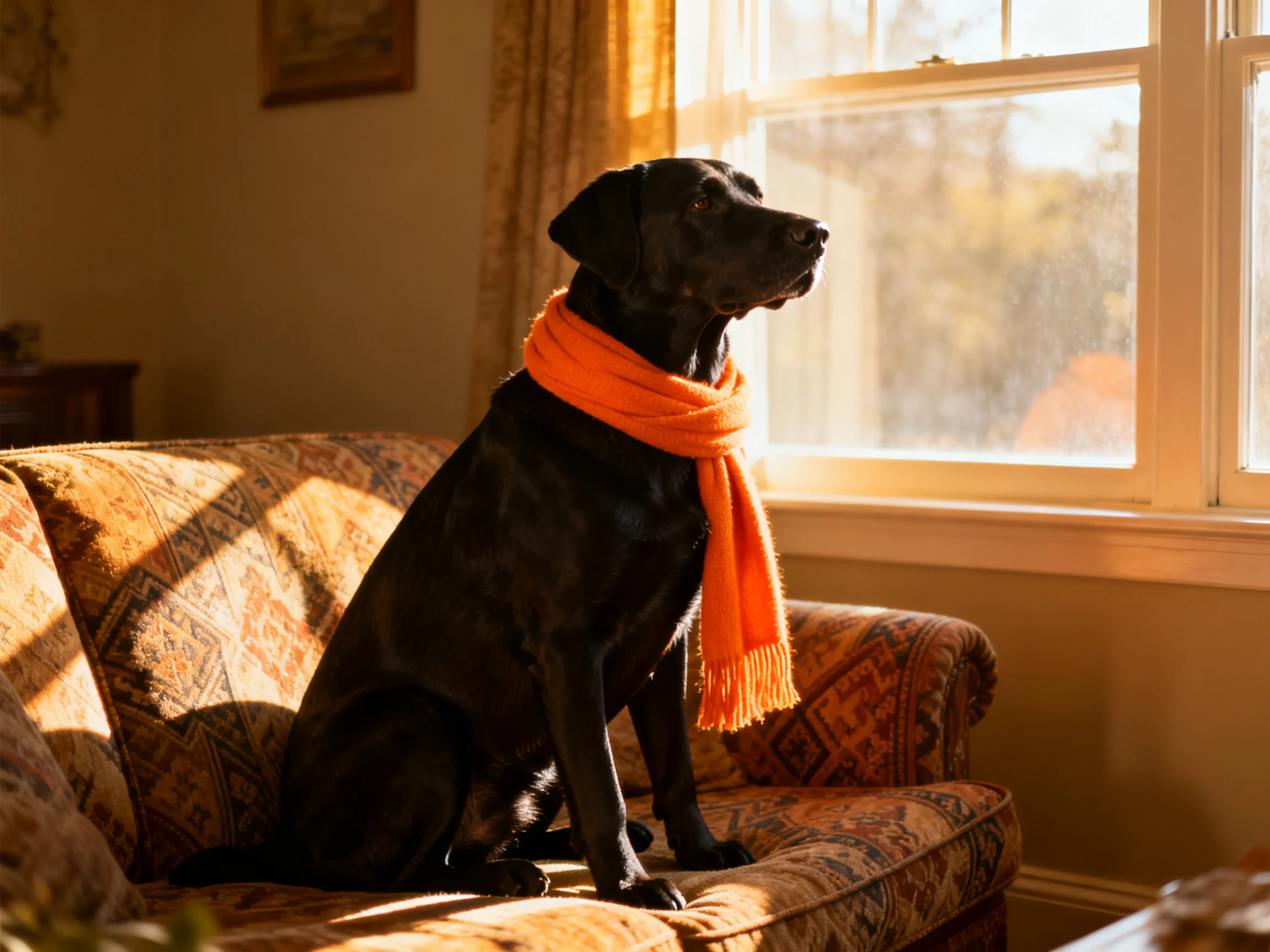 A black dog with an orange scarf sits on a patterned couch by a sunlit window