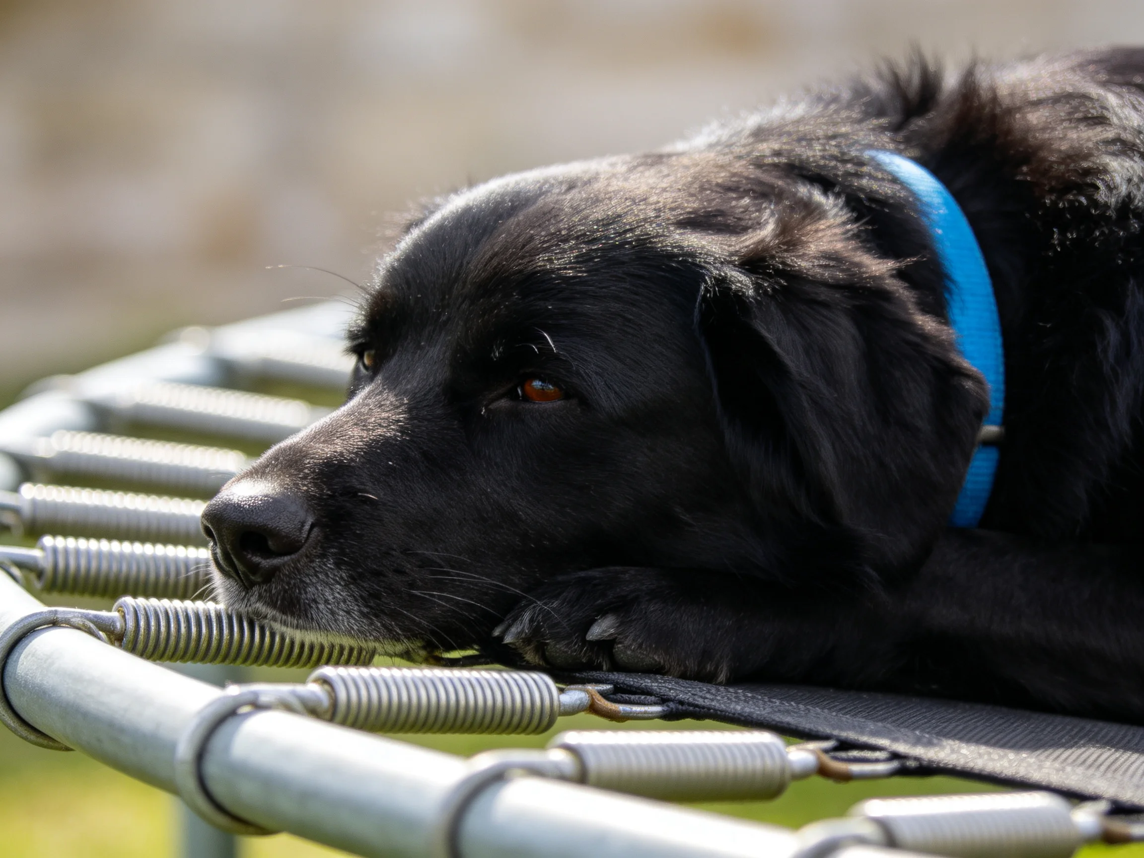 A black dog with blue collar lounging on a metal trampoline