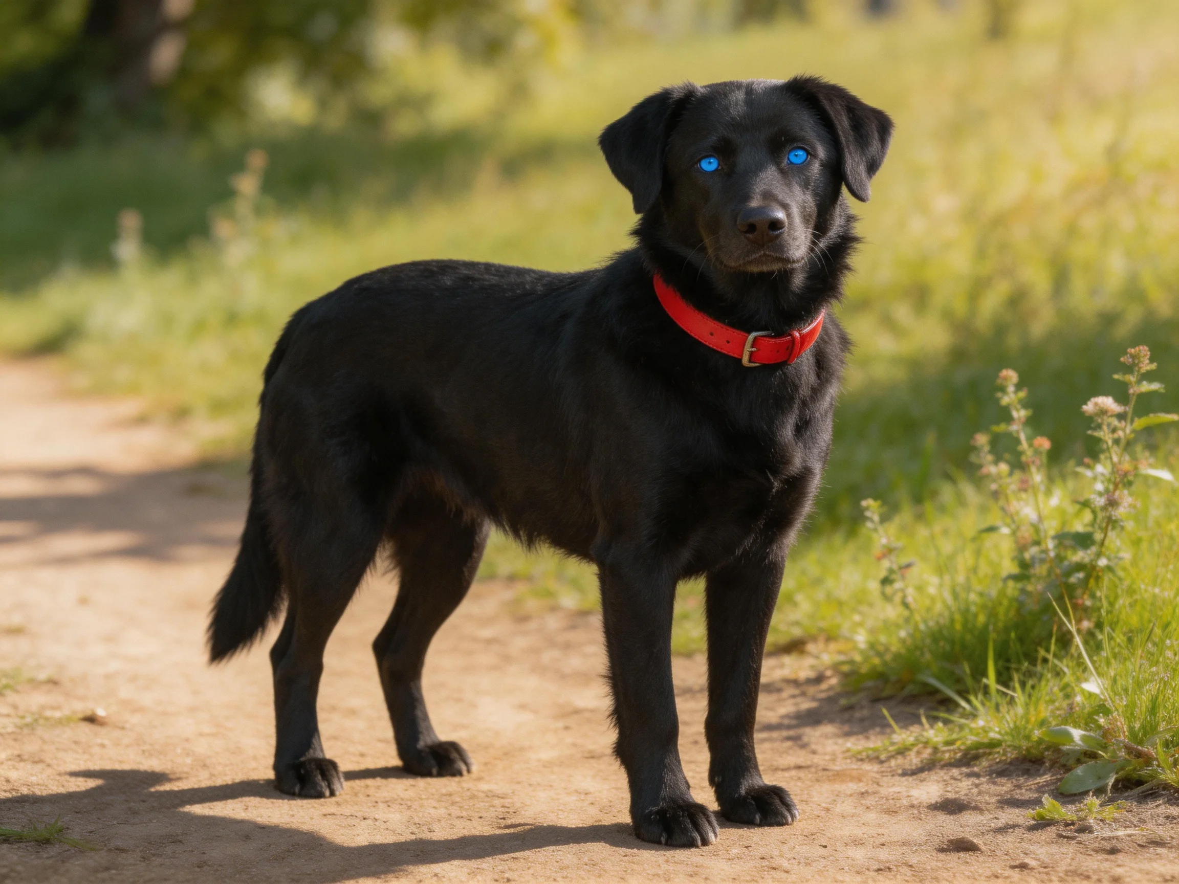 A black dog with a red collar stands on a sunlit dirt path near greenery.