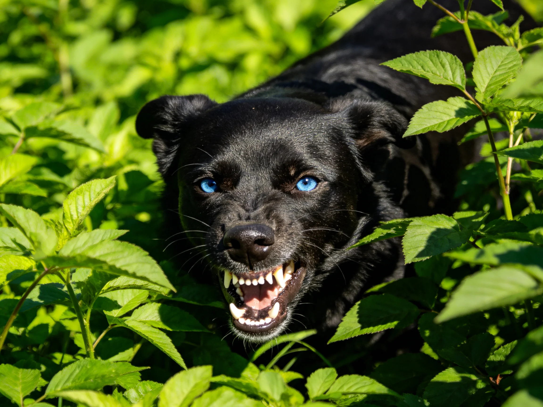 A black dog with blue eyes displays aggression among leafy vegetation.