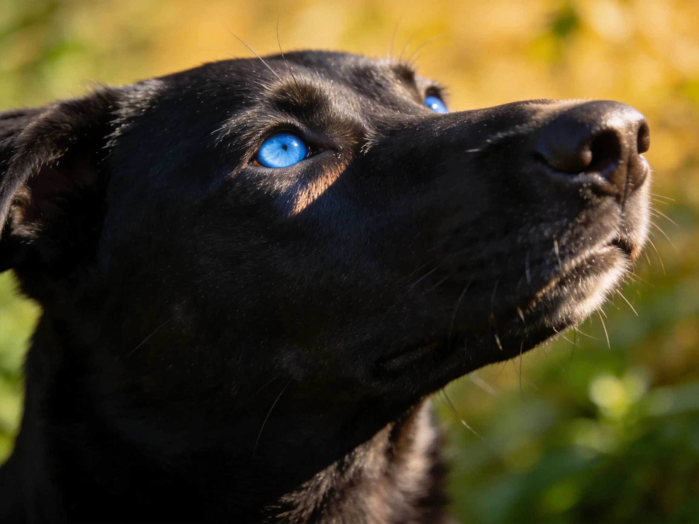 A black dog with blue eyes looks upward in a sunlit outdoor area.