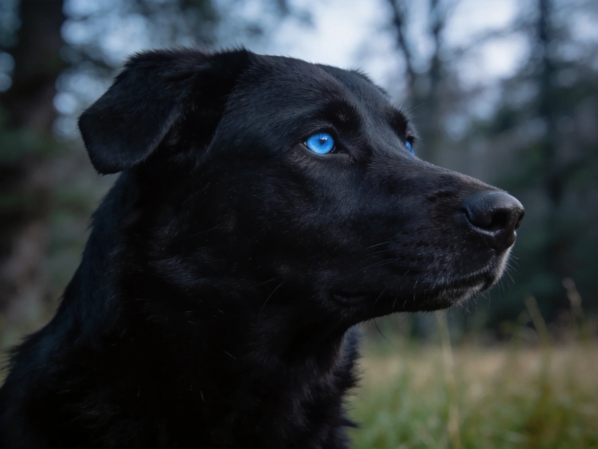 A black dog with bright blue eyes in a forested setting