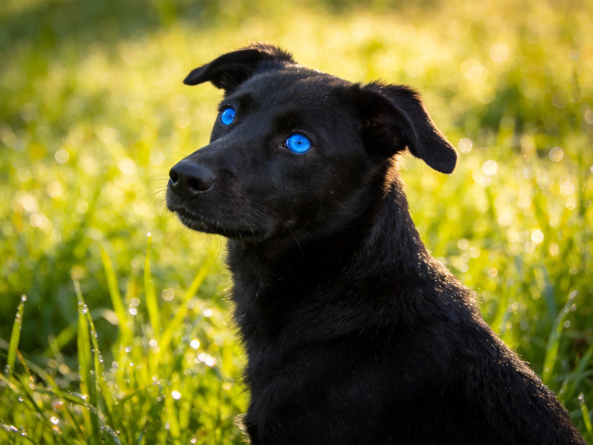 A black dog with vivid blue eyes is in a sunlit grassy field.