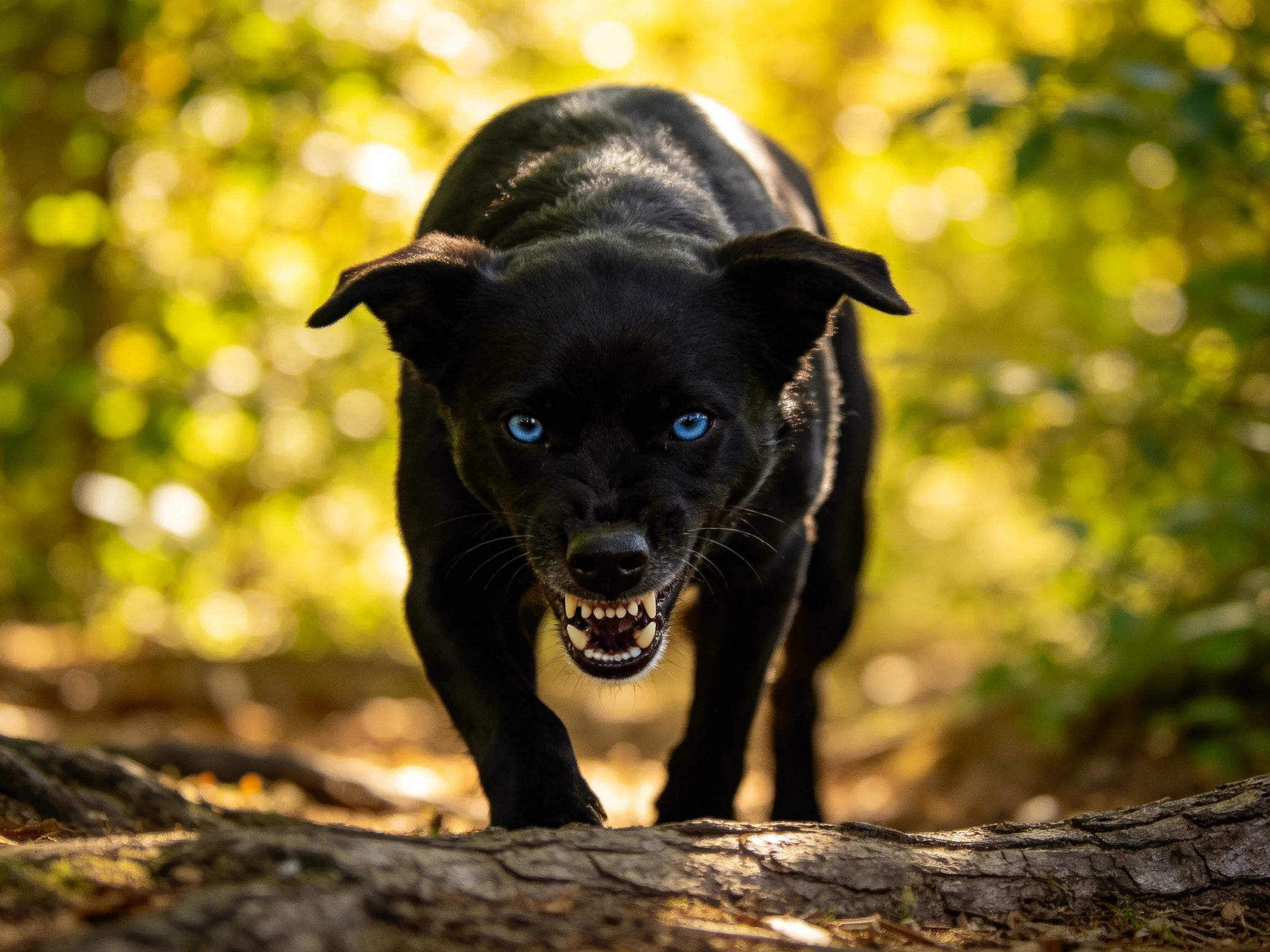 A black dog with blue eyes shows aggression in a sunlit forest