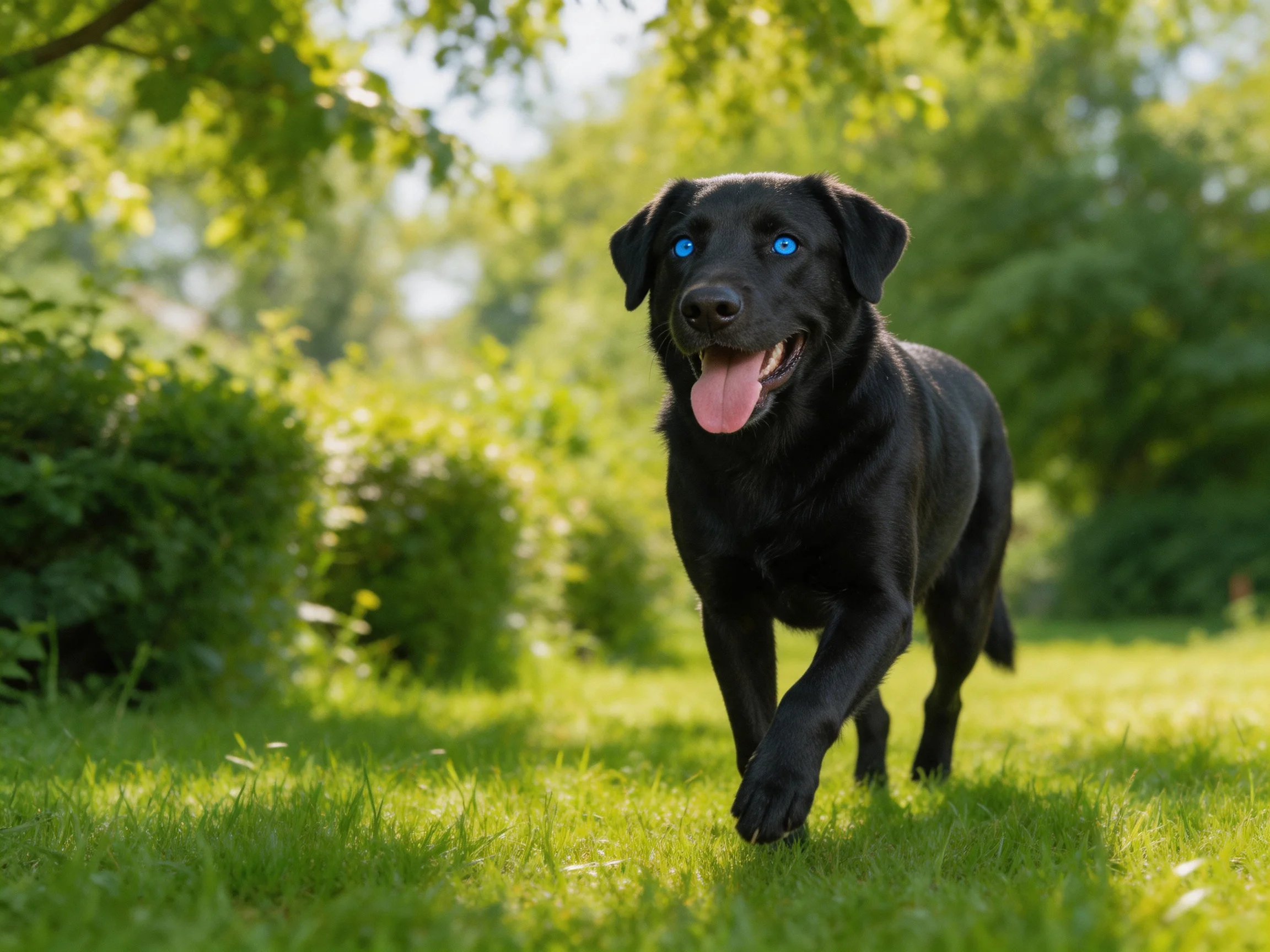 A black dog with blue eyes runs joyfully in a sunlit green park.