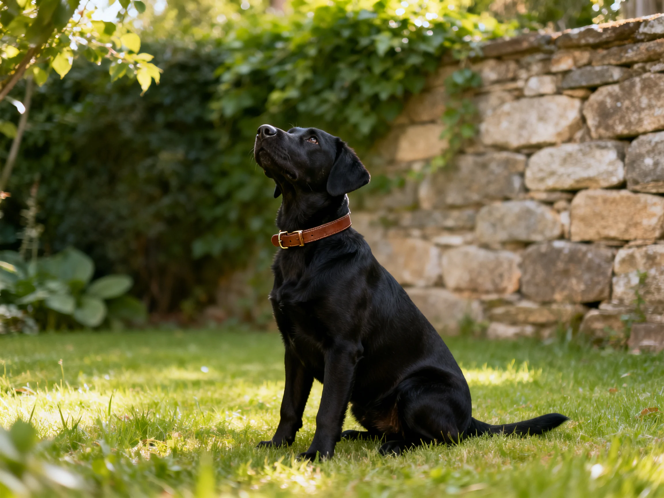 A black dog with brown collar sits in a sunlit garden near stone wall